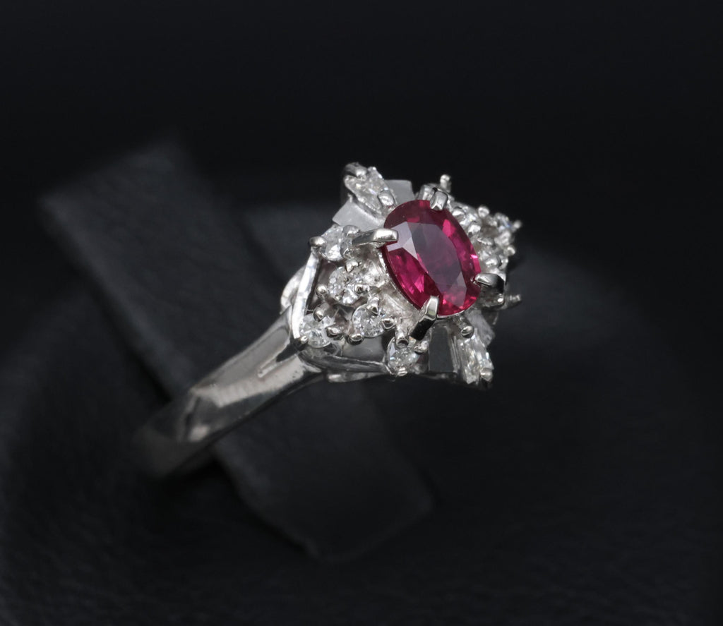 Vintage 0.29ct Natural Intense Red Ruby & 0.14ct Diamond Platinum Ring Size 4.5