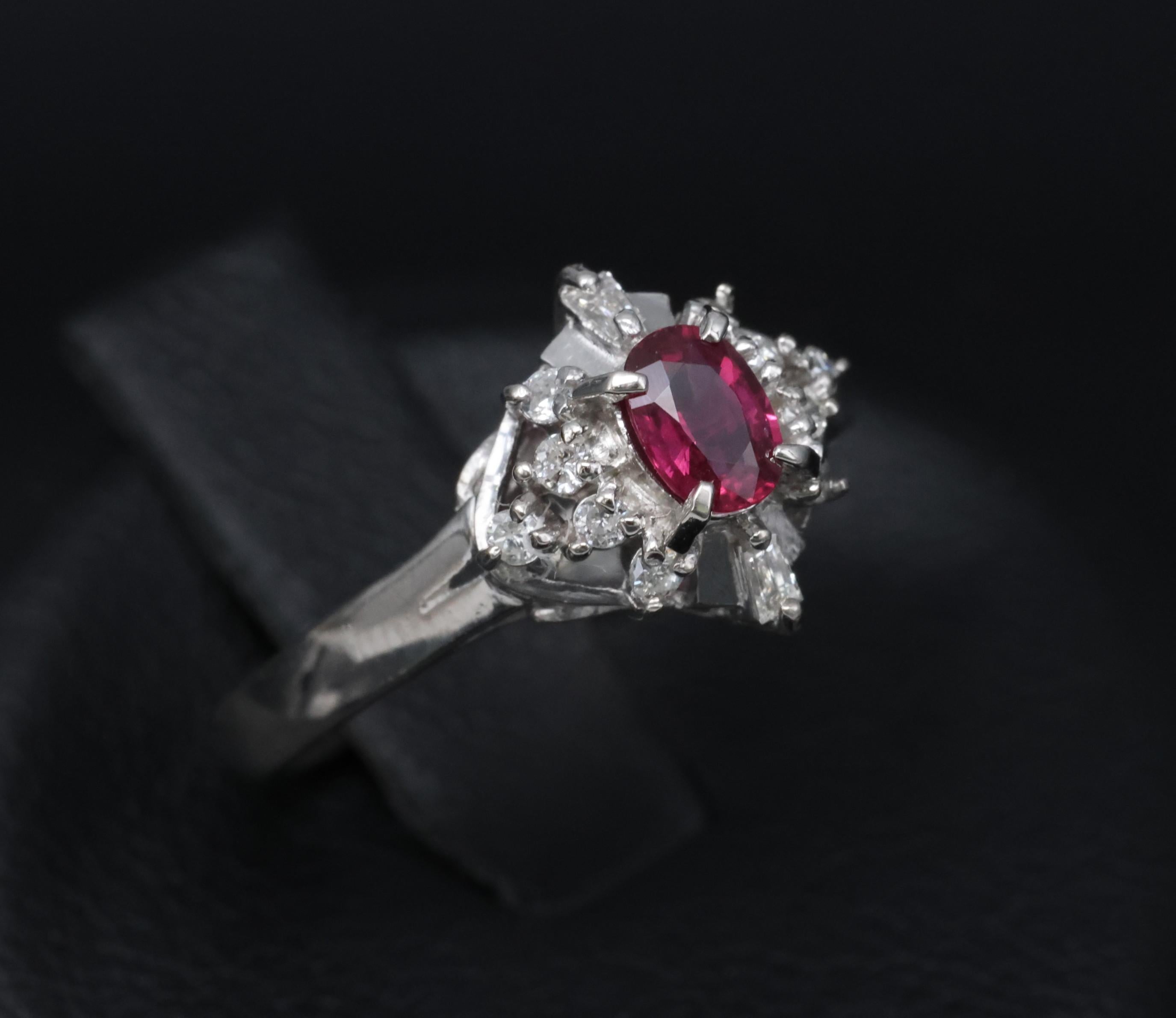 Vintage 0.29ct Natural Intense Red Ruby & 0.14ct Diamond Platinum Ring Size 4.5