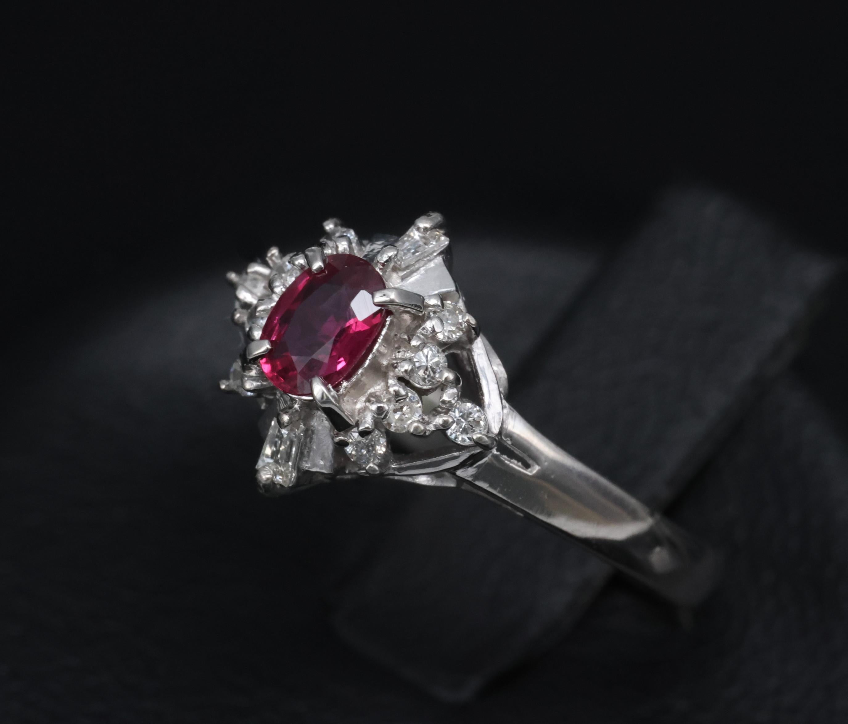 Vintage 0.29ct Natural Intense Red Ruby & 0.14ct Diamond Platinum Ring Size 4.5