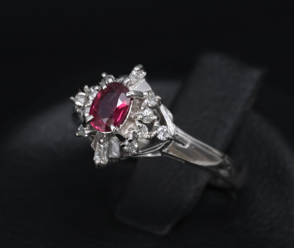 Vintage 0.29ct Natural Intense Red Ruby & 0.14ct Diamond Platinum Ring Size 4.5