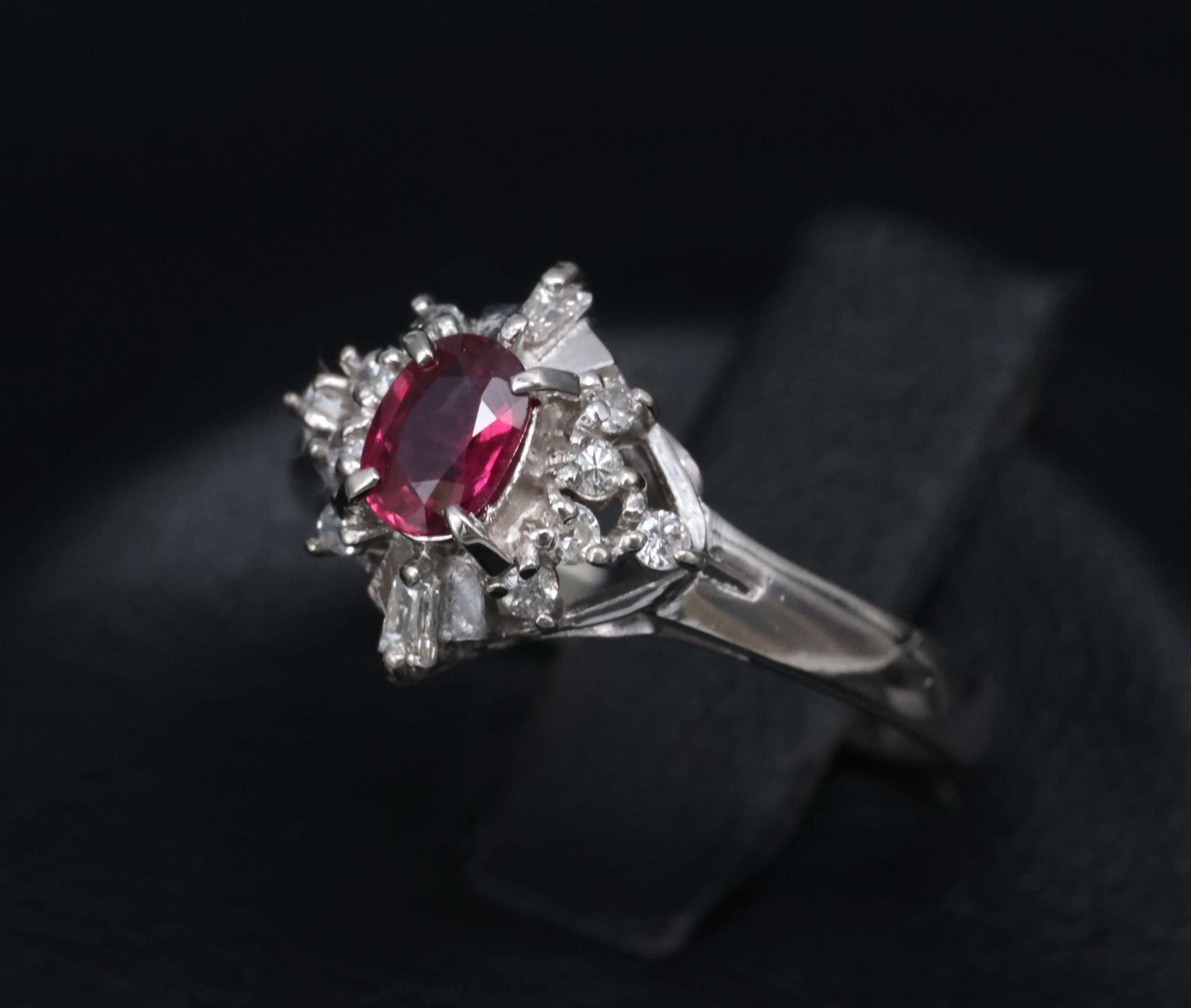 Vintage 0.29ct Natural Intense Red Ruby & 0.14ct Diamond Platinum Ring Size 4.5