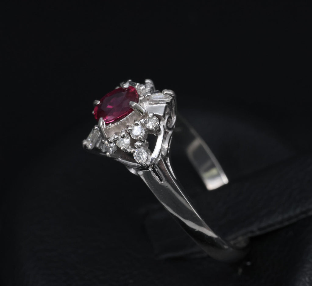 Vintage 0.29ct Natural Intense Red Ruby & 0.14ct Diamond Platinum Ring Size 4.5
