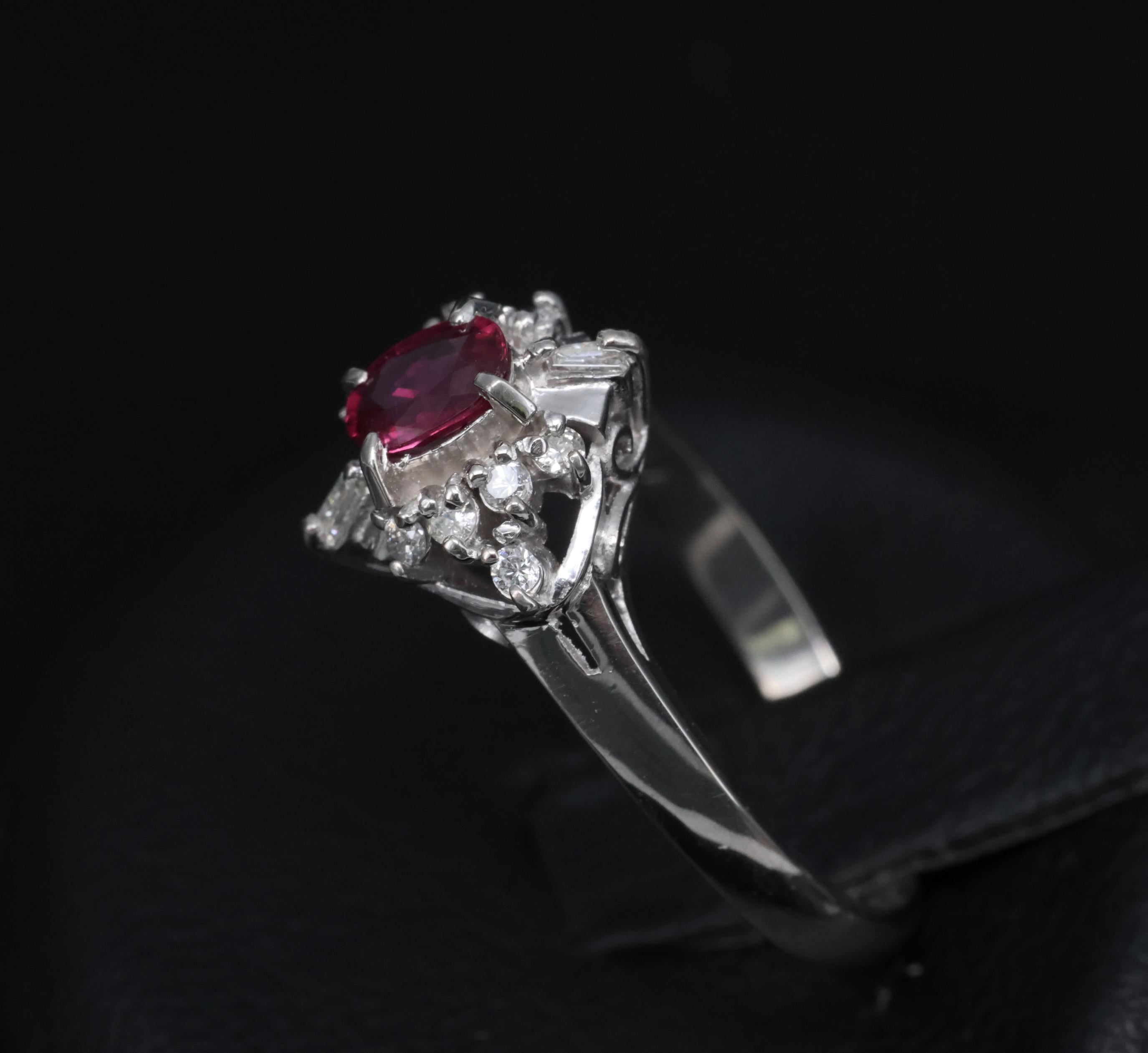 Vintage 0.29ct Natural Intense Red Ruby & 0.14ct Diamond Platinum Ring Size 4.5