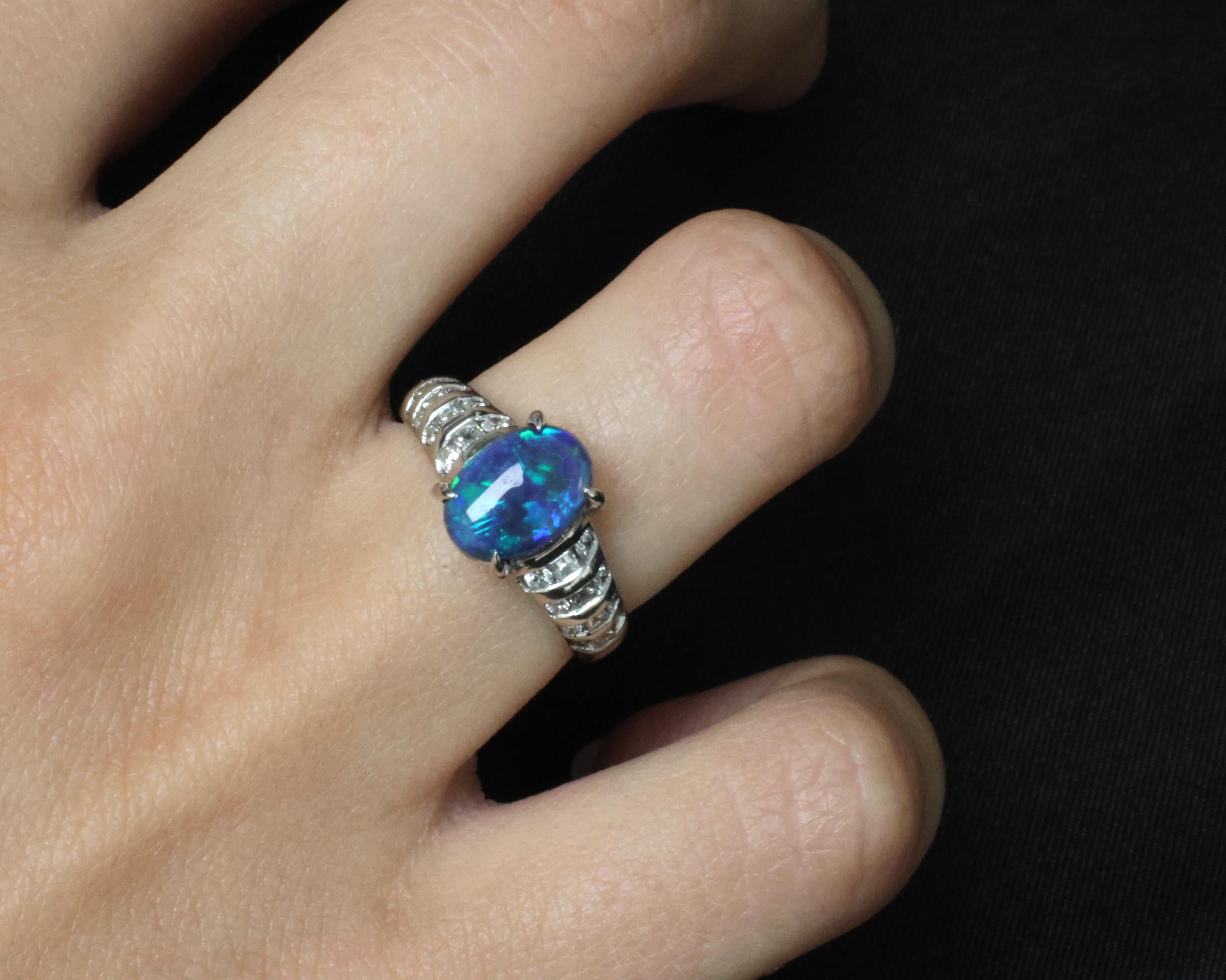 Fine 1.77ct Natural Untreated Black Opal 0.43ct Diamond Platinum Ring Size 6.75