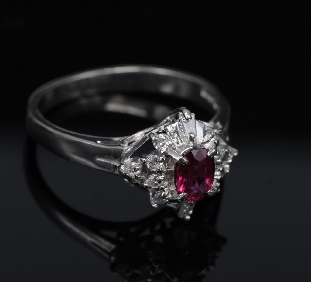 Vintage 0.29ct Natural Intense Red Ruby & 0.14ct Diamond Platinum Ring Size 4.5
