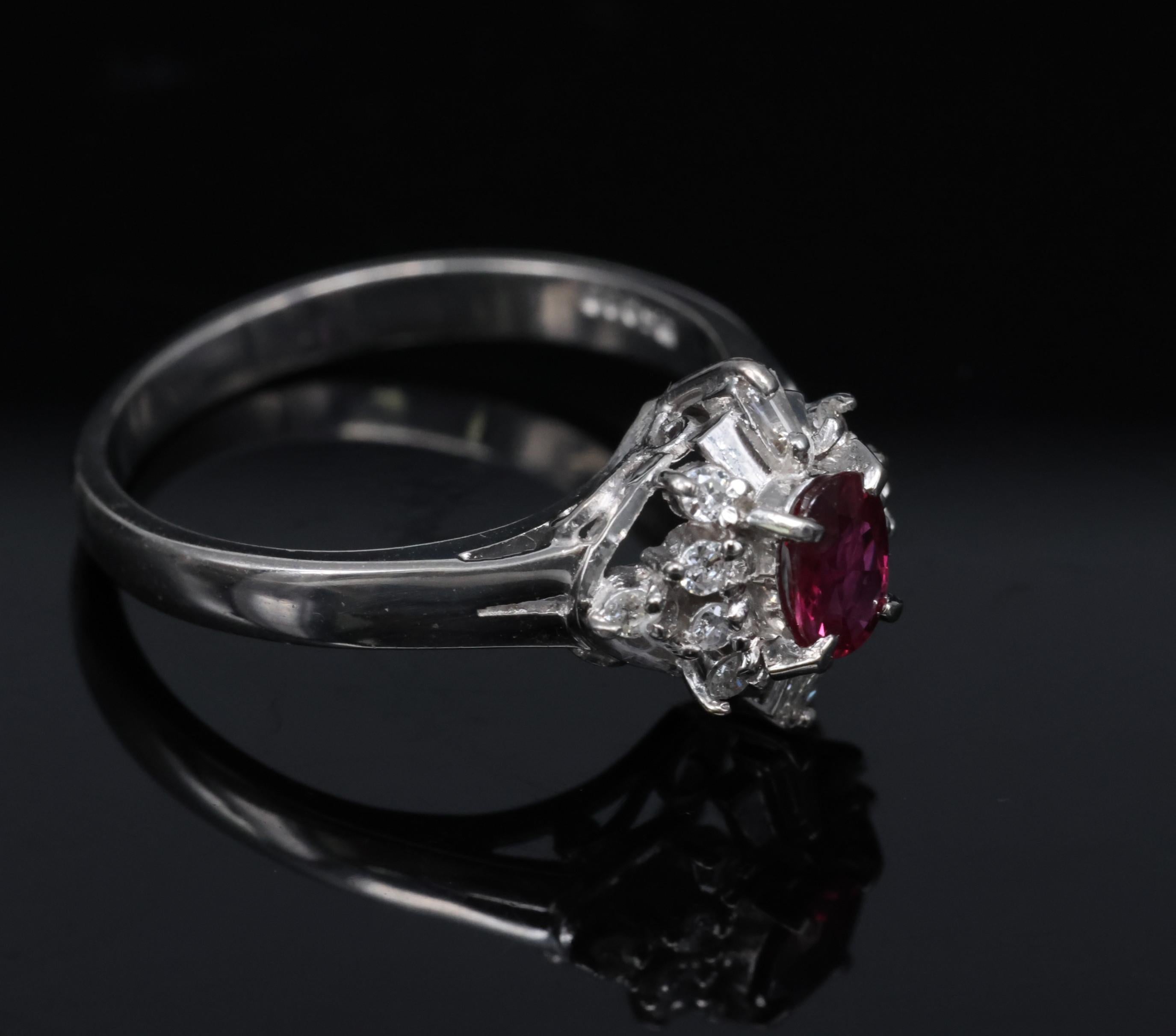 Vintage 0.29ct Natural Intense Red Ruby & 0.14ct Diamond Platinum Ring Size 4.5