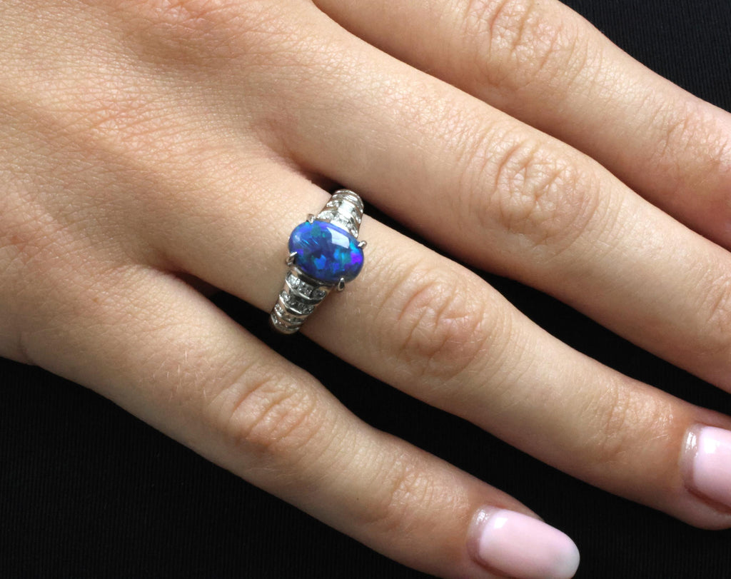 Fine 1.77ct Natural Untreated Black Opal 0.43ct Diamond Platinum Ring Size 6.75
