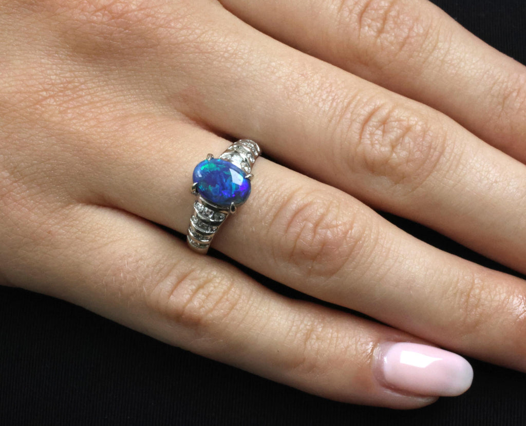 Fine 1.77ct Natural Untreated Black Opal 0.43ct Diamond Platinum Ring Size 6.75