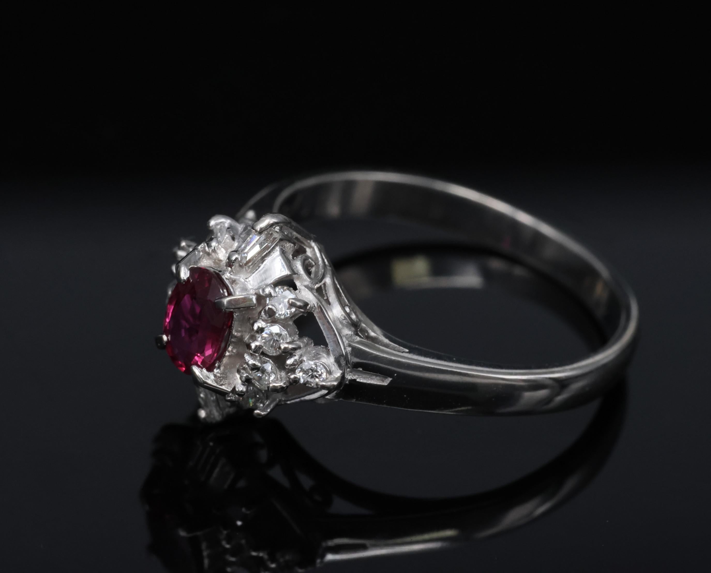 Vintage 0.29ct Natural Intense Red Ruby & 0.14ct Diamond Platinum Ring Size 4.5