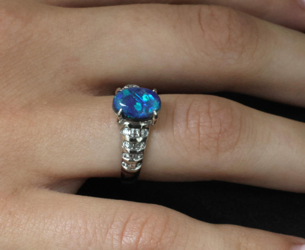 Fine 1.77ct Natural Untreated Black Opal 0.43ct Diamond Platinum Ring Size 6.75
