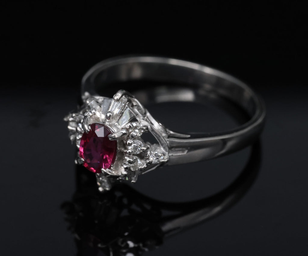 Vintage 0.29ct Natural Intense Red Ruby & 0.14ct Diamond Platinum Ring Size 4.5