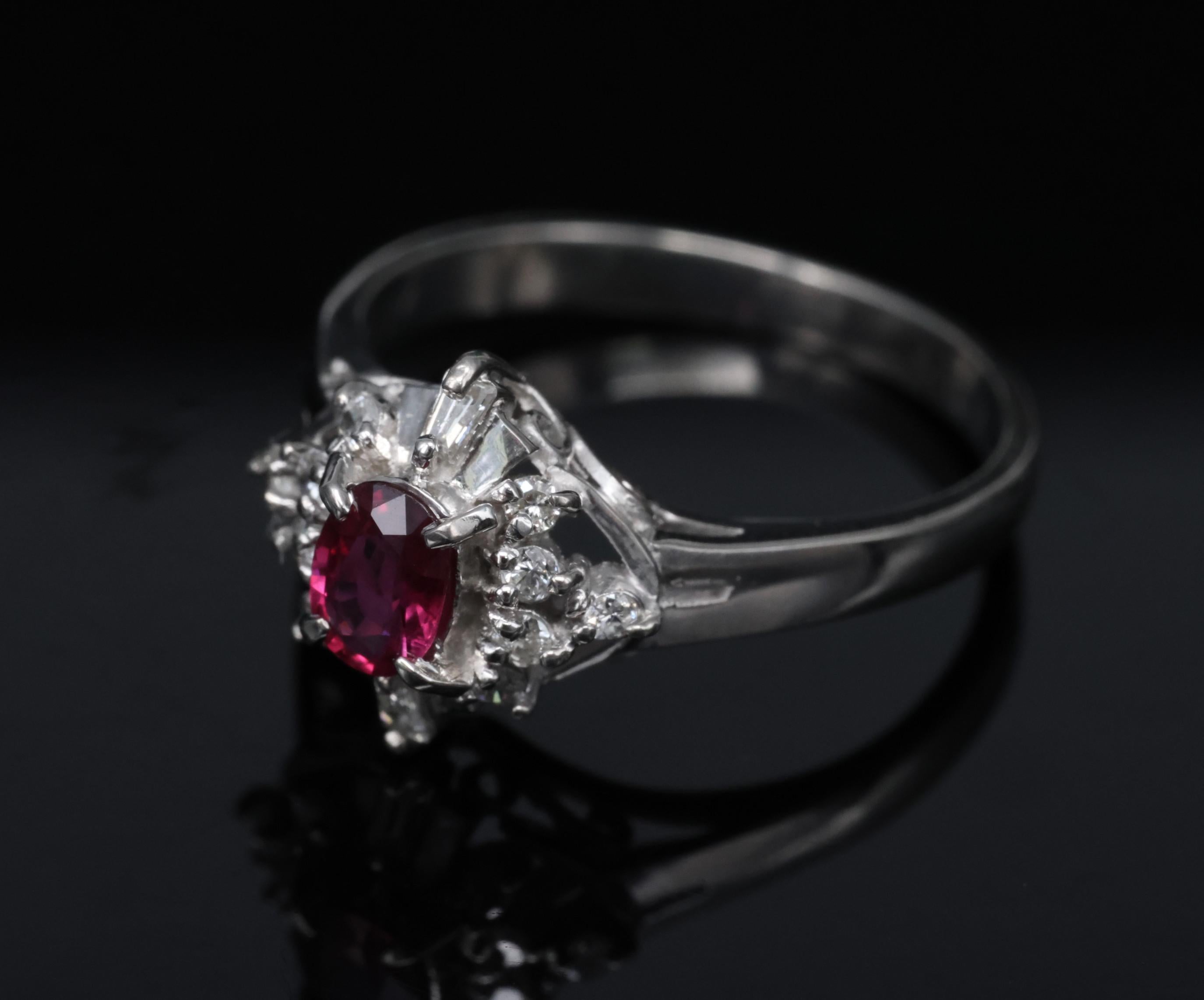 Vintage 0.29ct Natural Intense Red Ruby & 0.14ct Diamond Platinum Ring Size 4.5