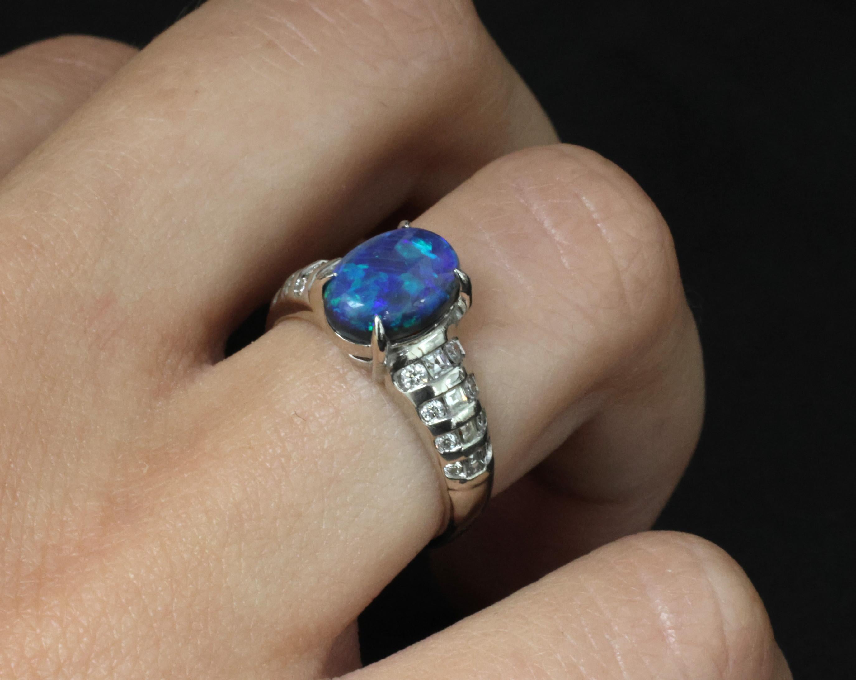 Fine 1.77ct Natural Untreated Black Opal 0.43ct Diamond Platinum Ring Size 6.75