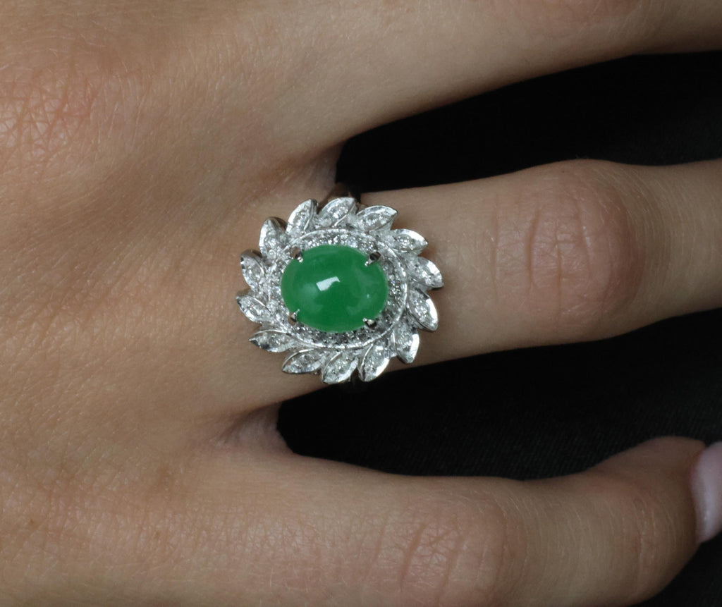 3.06ct Natural Green Untreated Jadeite Jade & 0.40ct Diamond Platinum Ring, 7.4g