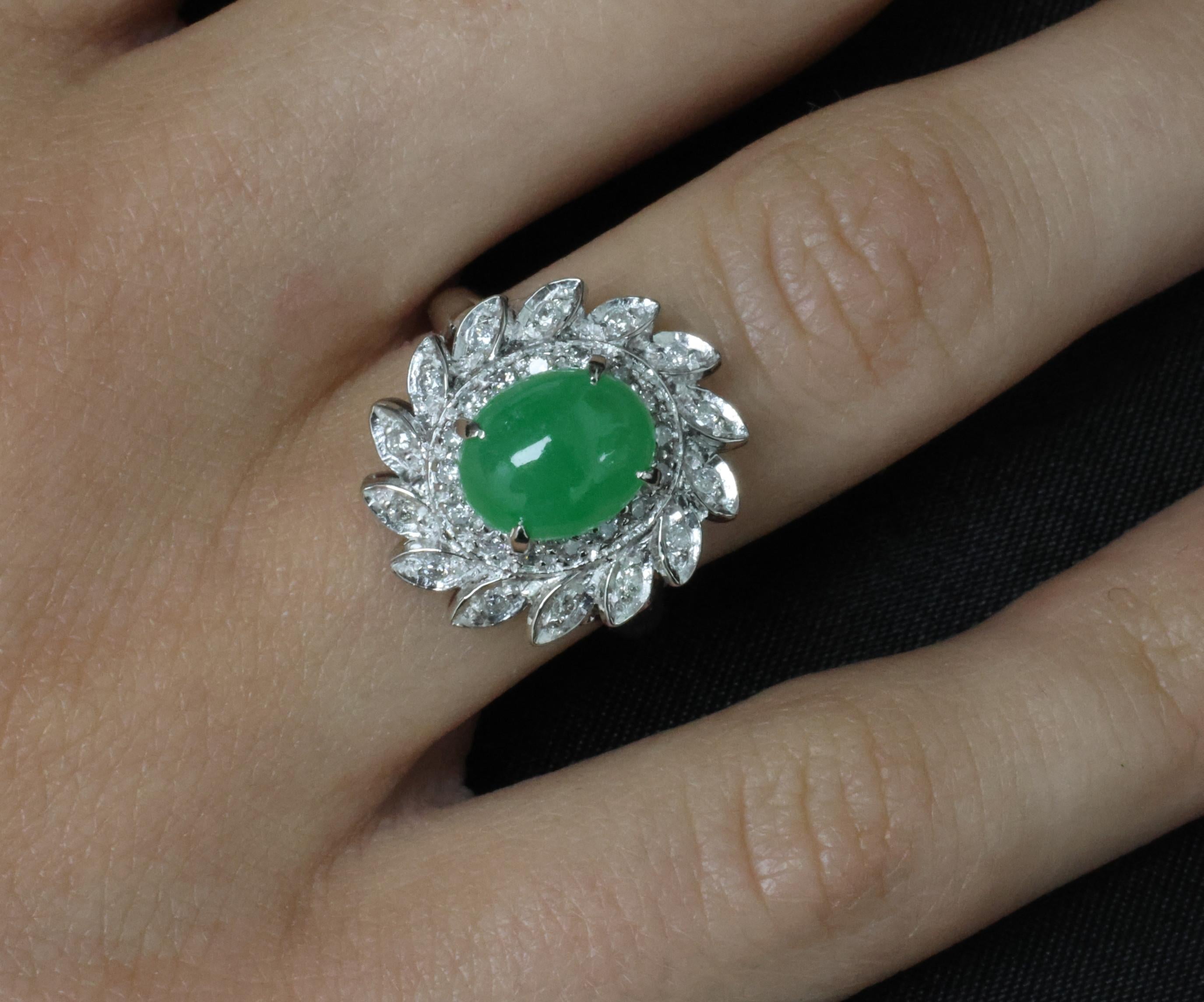 3.06ct Natural Green Untreated Jadeite Jade & 0.40ct Diamond Platinum Ring, 7.4g
