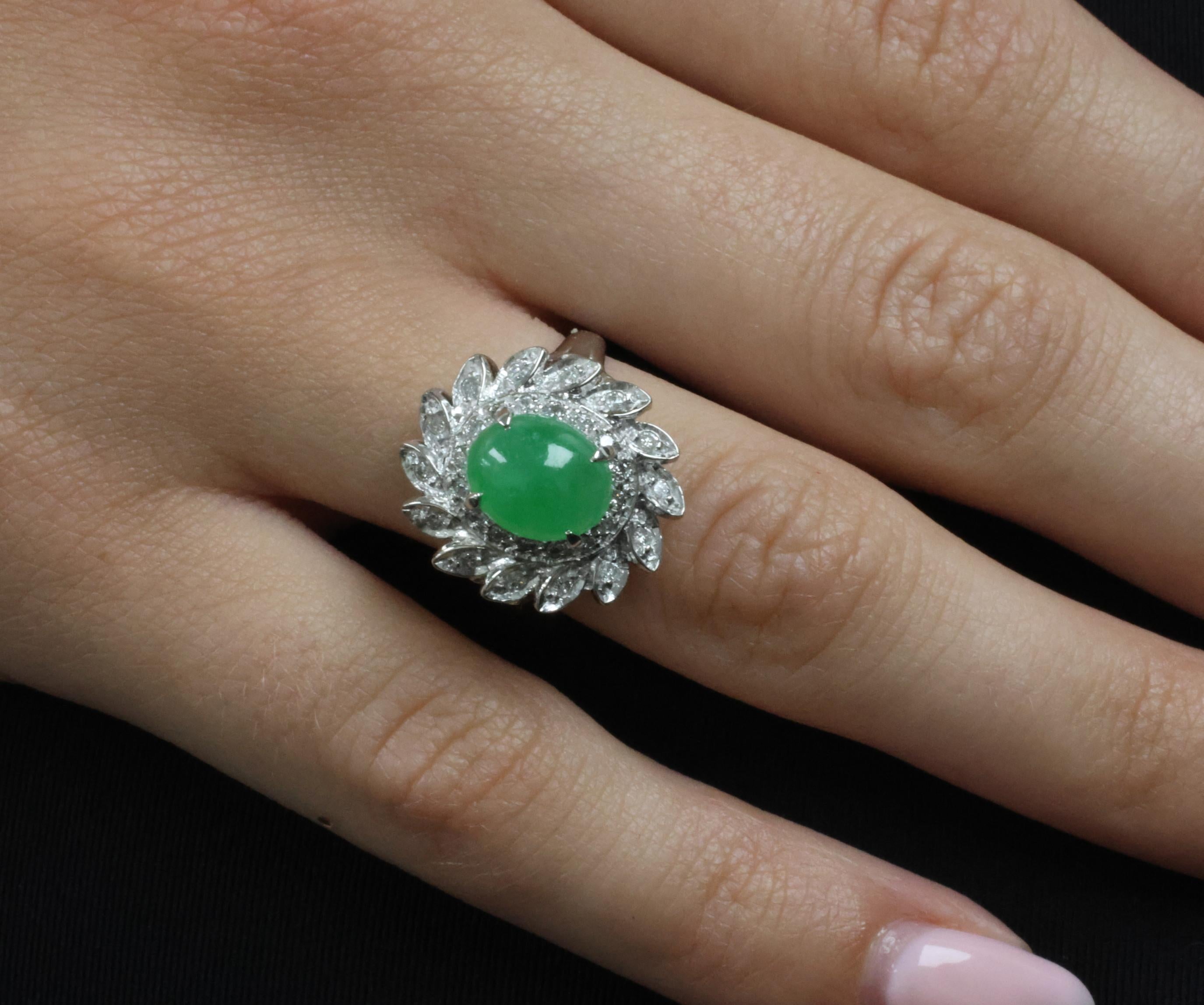 3.06ct Natural Green Untreated Jadeite Jade & 0.40ct Diamond Platinum Ring, 7.4g
