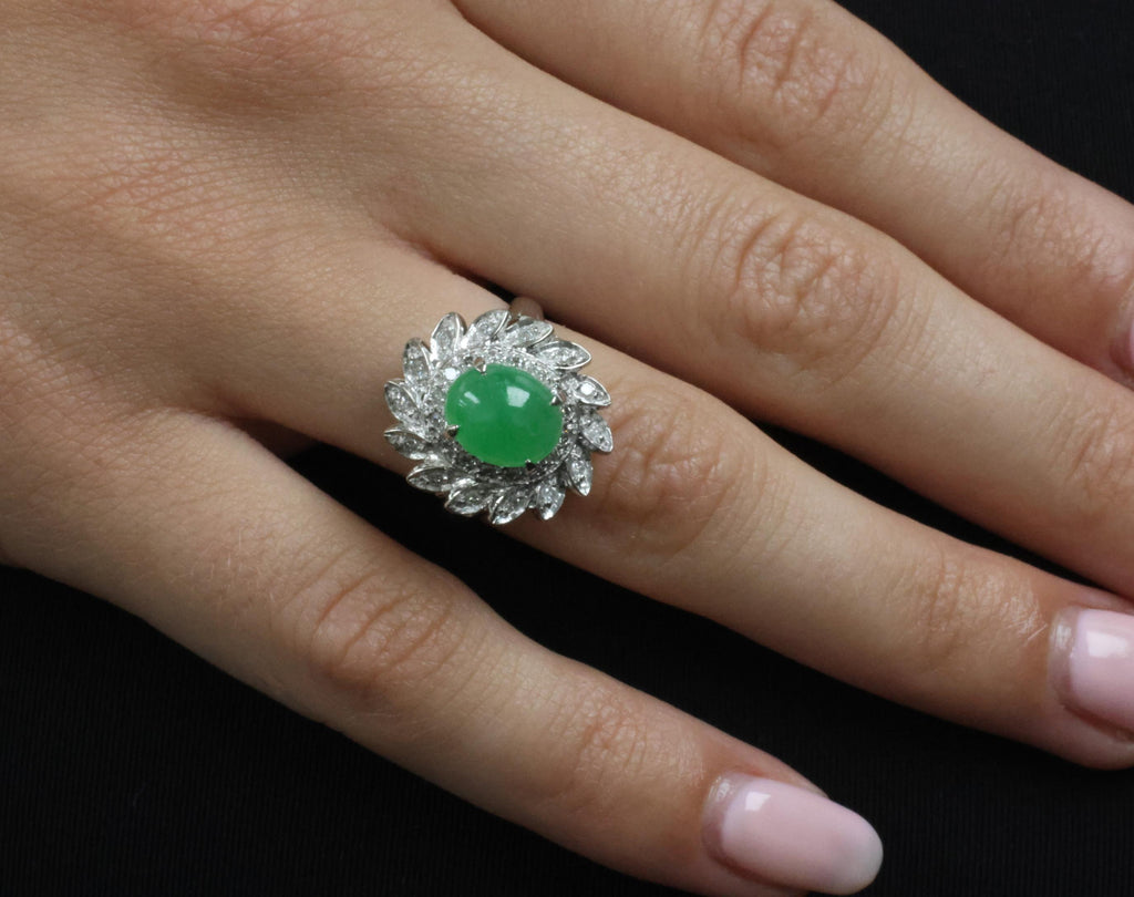 3.06ct Natural Green Untreated Jadeite Jade & 0.40ct Diamond Platinum Ring, 7.4g