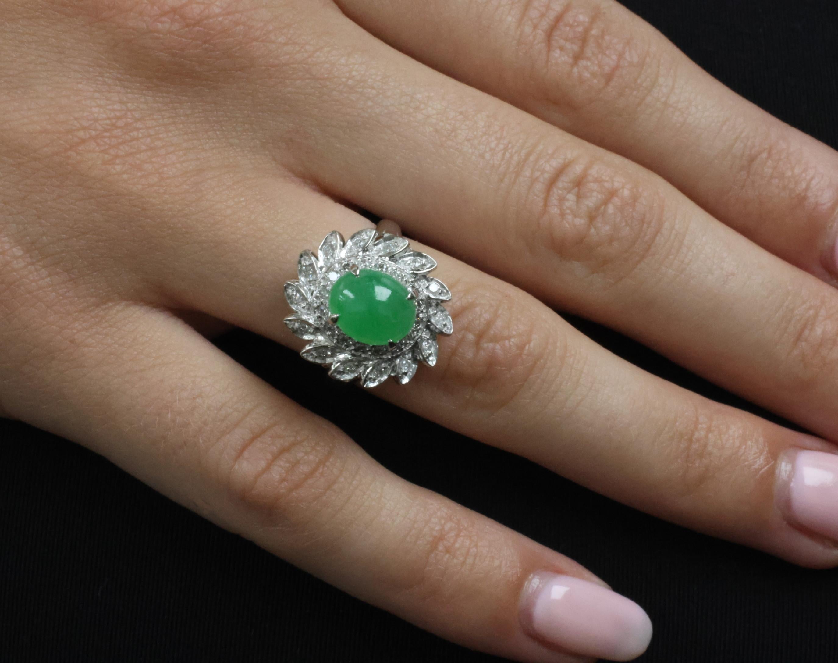 3.06ct Natural Green Untreated Jadeite Jade & 0.40ct Diamond Platinum Ring, 7.4g
