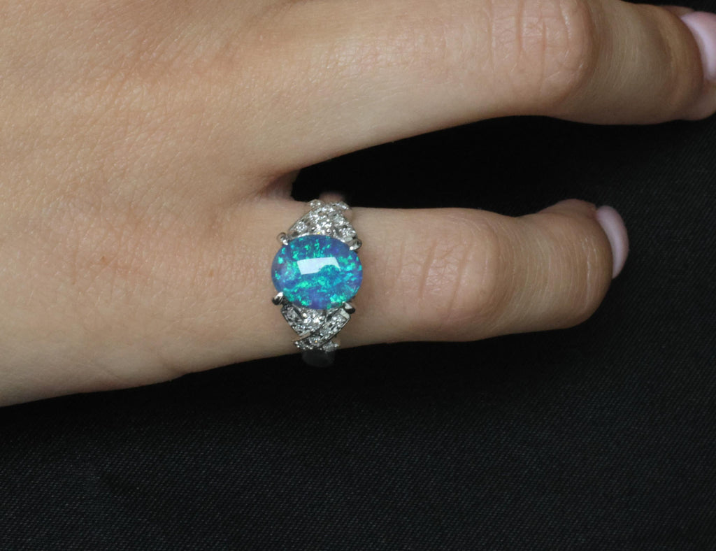 Fine 2.02ct Natural Untreated Black Opal & 0.16ct Diamond Platinum Ring Size 5.5