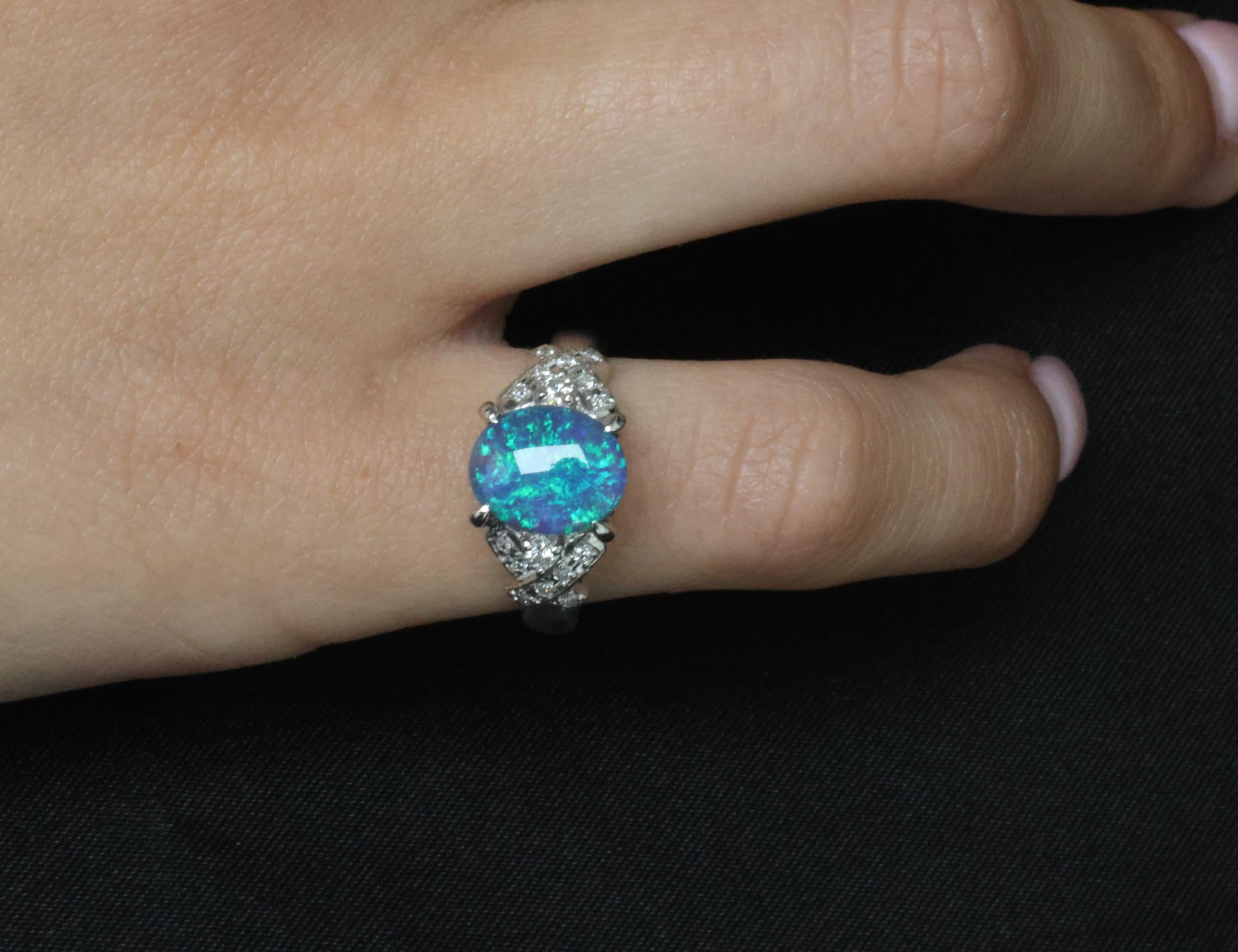 Fine 2.02ct Natural Untreated Black Opal & 0.16ct Diamond Platinum Ring Size 5.5