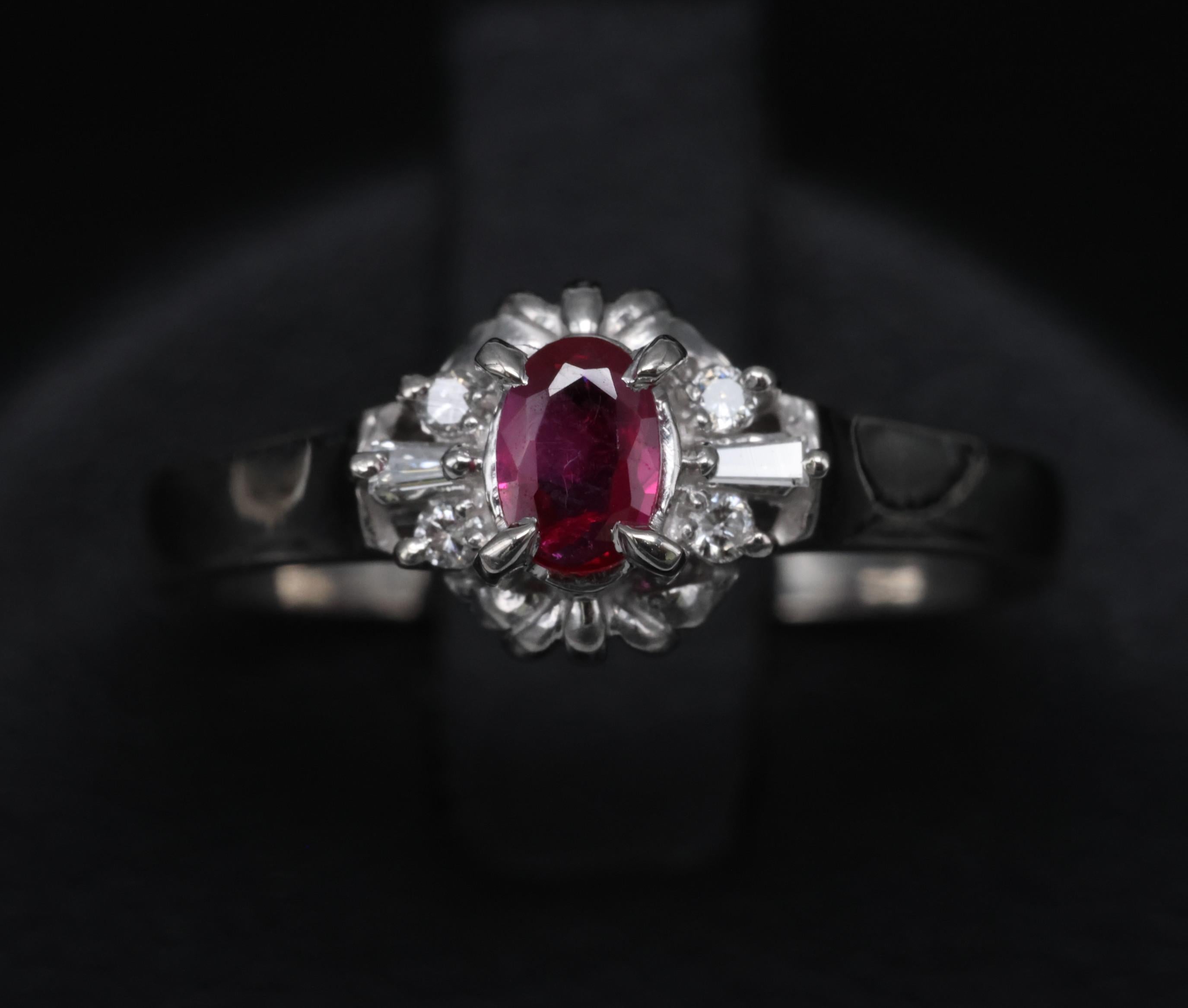 0.22ct Natural Intense Red Ruby & 0.07ct Diamond Platinum Ring Size 7.5, 3.18g