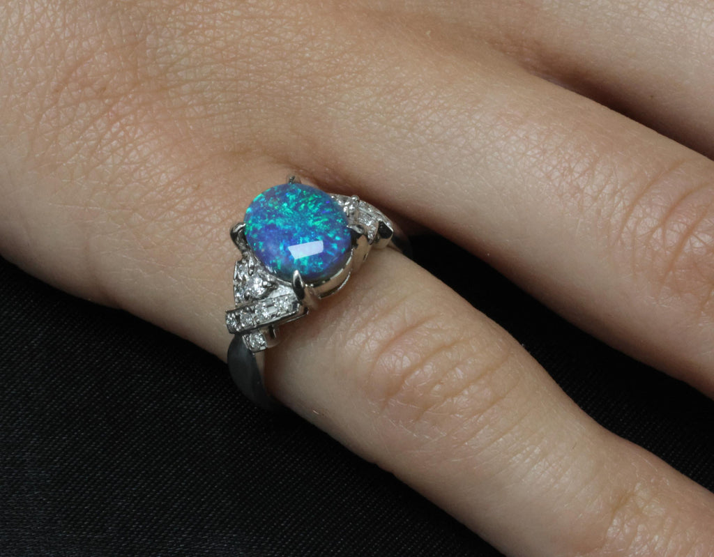 Fine 2.02ct Natural Untreated Black Opal & 0.16ct Diamond Platinum Ring Size 5.5