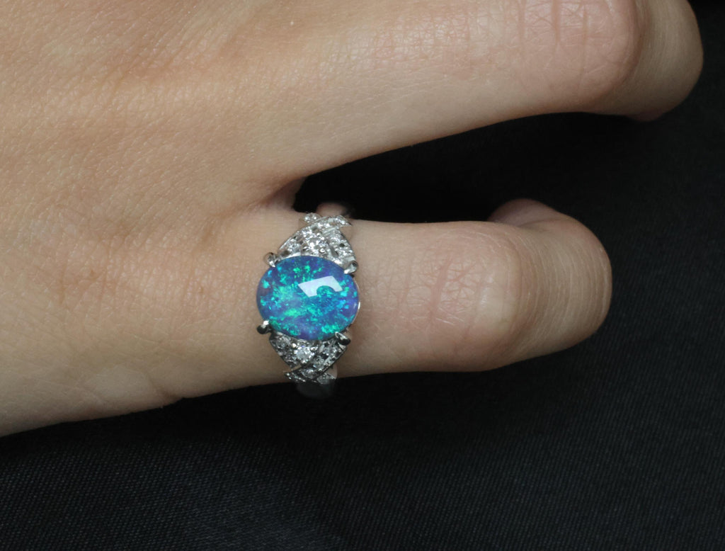 Fine 2.02ct Natural Untreated Black Opal & 0.16ct Diamond Platinum Ring Size 5.5