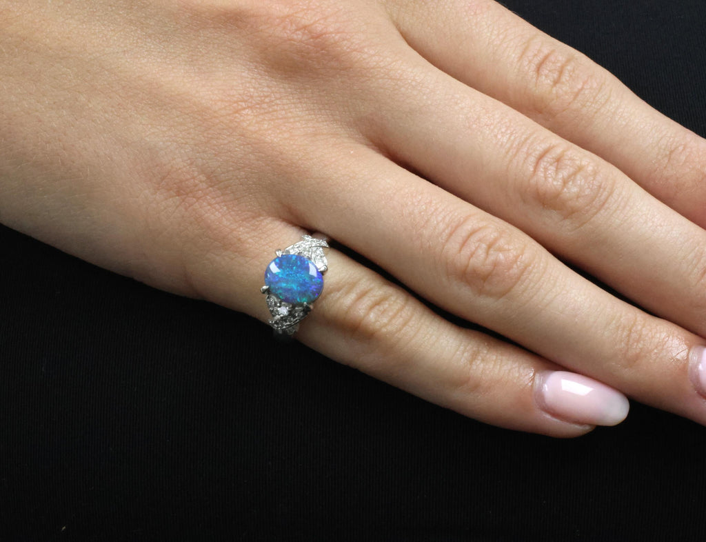 Fine 2.02ct Natural Untreated Black Opal & 0.16ct Diamond Platinum Ring Size 5.5