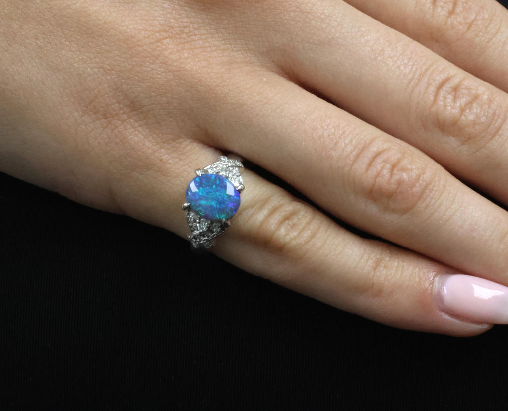 Fine 2.02ct Natural Untreated Black Opal & 0.16ct Diamond Platinum Ring Size 5.5