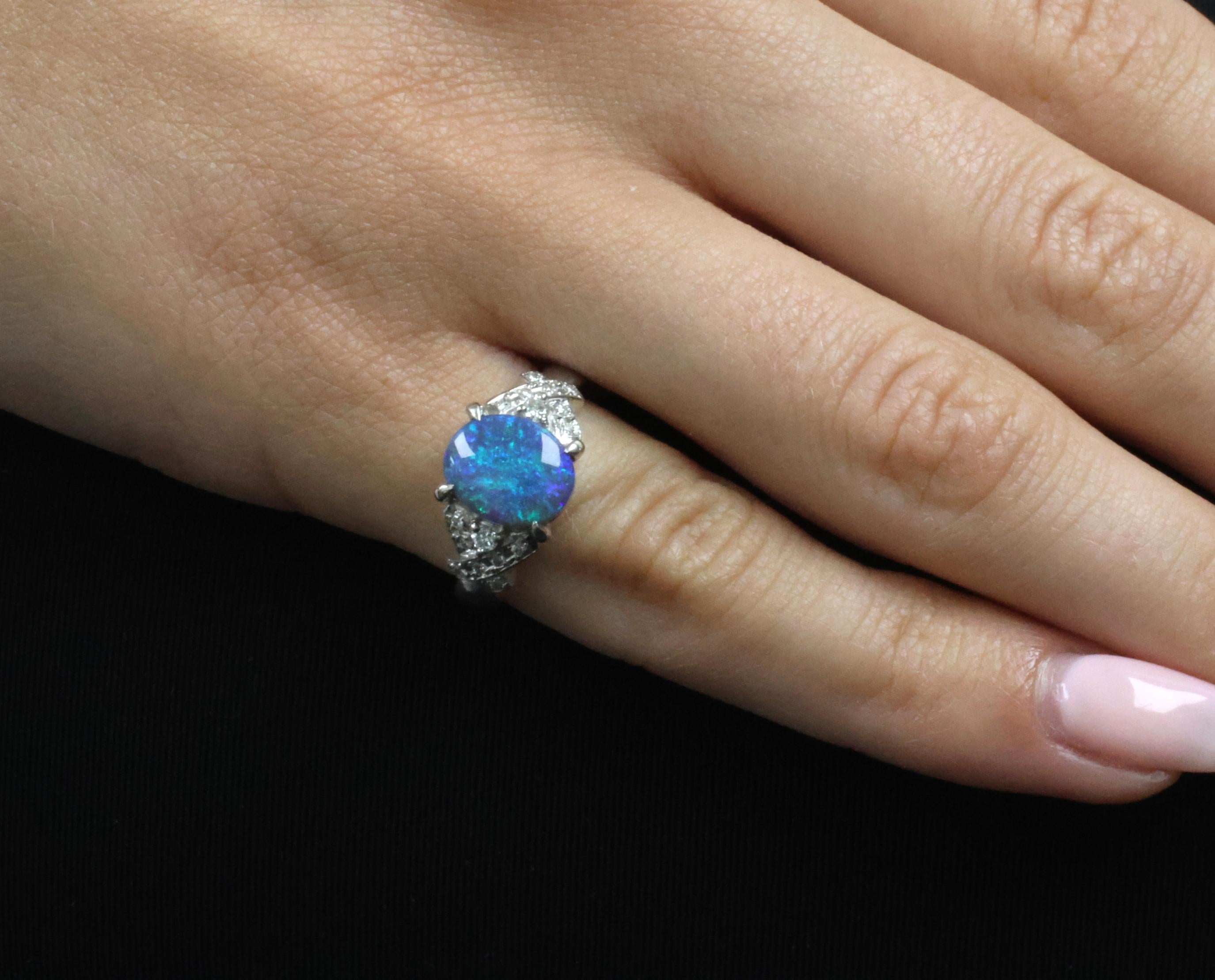 Fine 2.02ct Natural Untreated Black Opal & 0.16ct Diamond Platinum Ring Size 5.5