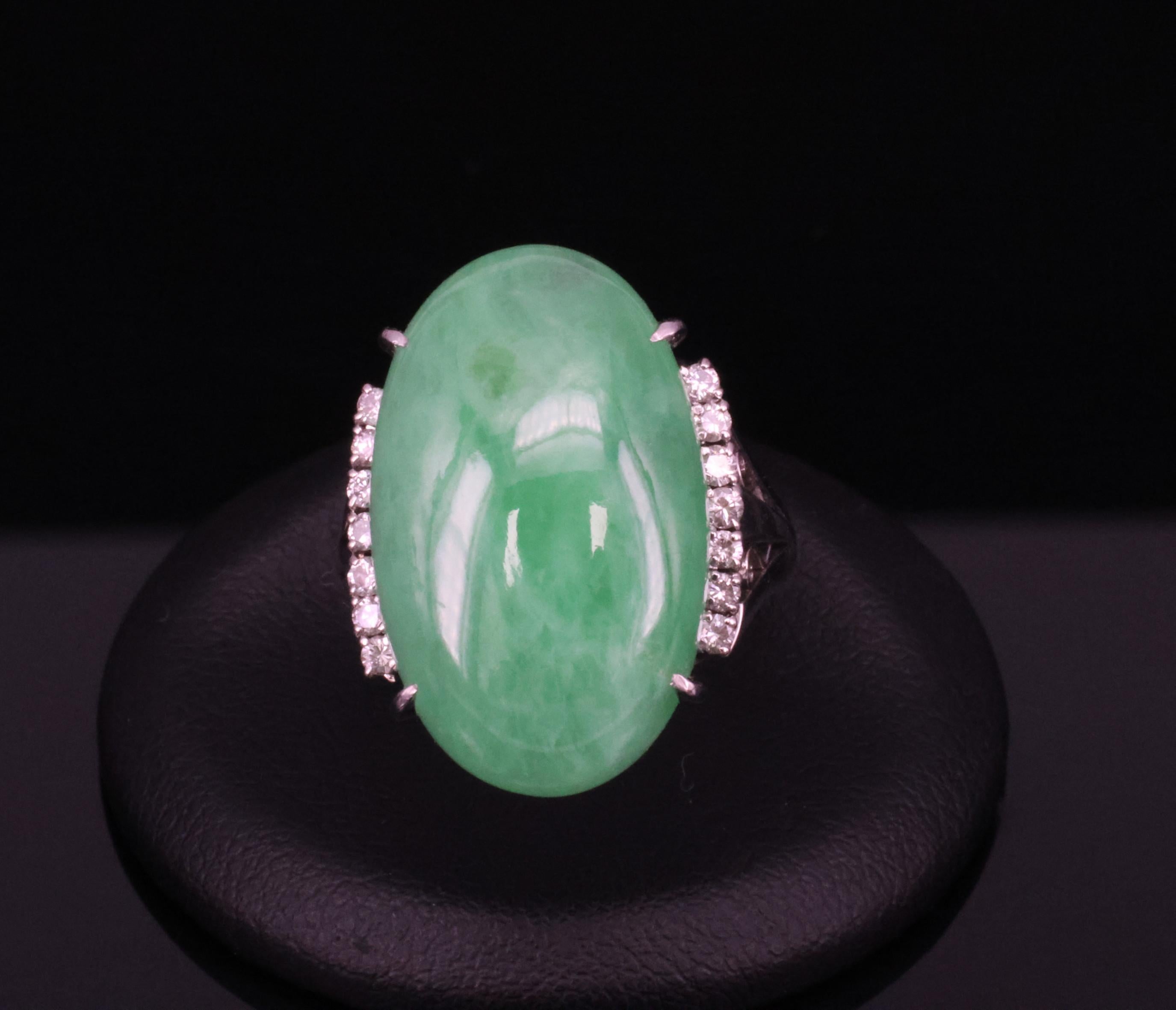18.26ct Natural Apple Green Jadeite Jade & 0.24ct Diamond Platinum Ring Size 7.5