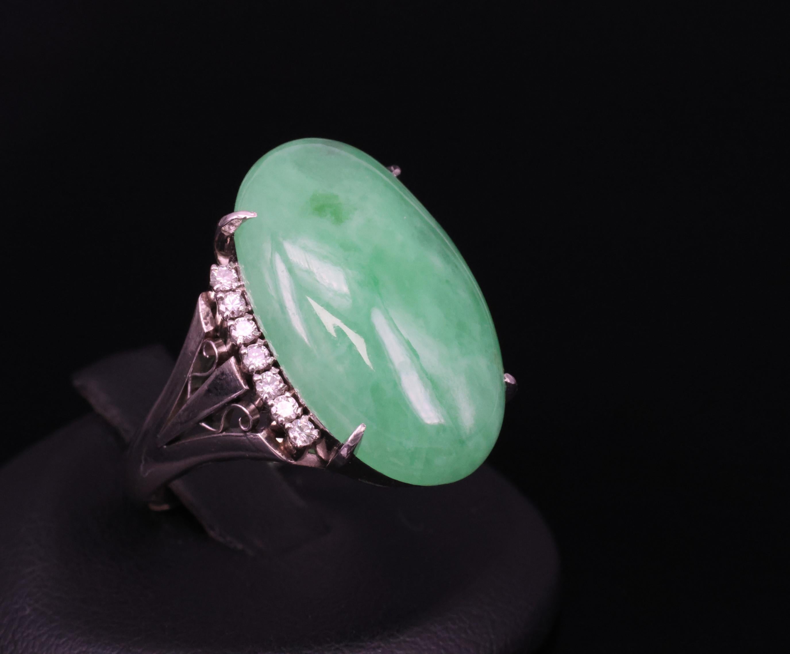18.26ct Natural Apple Green Jadeite Jade & 0.24ct Diamond Platinum Ring Size 7.5
