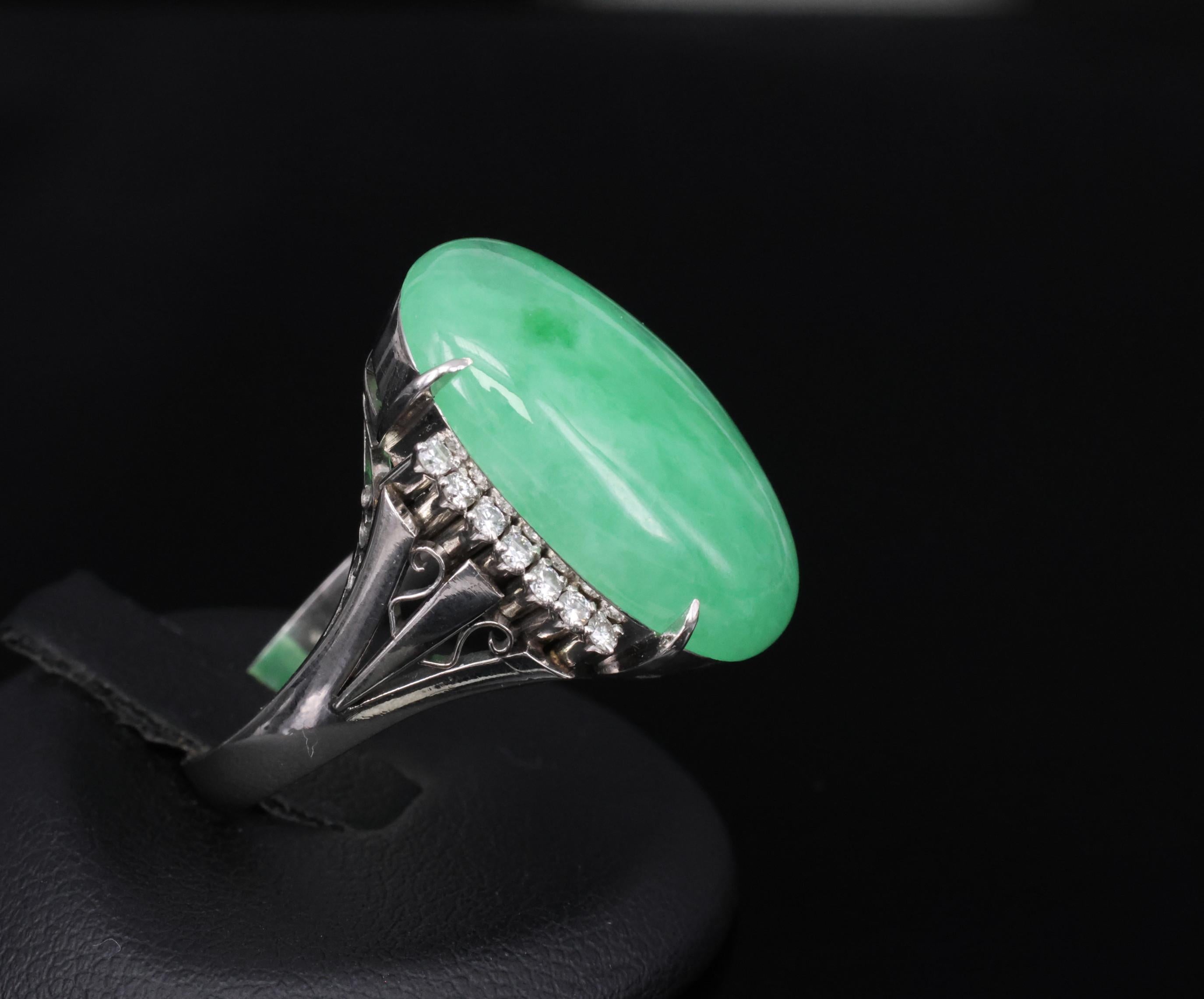 18.26ct Natural Apple Green Jadeite Jade & 0.24ct Diamond Platinum Ring Size 7.5