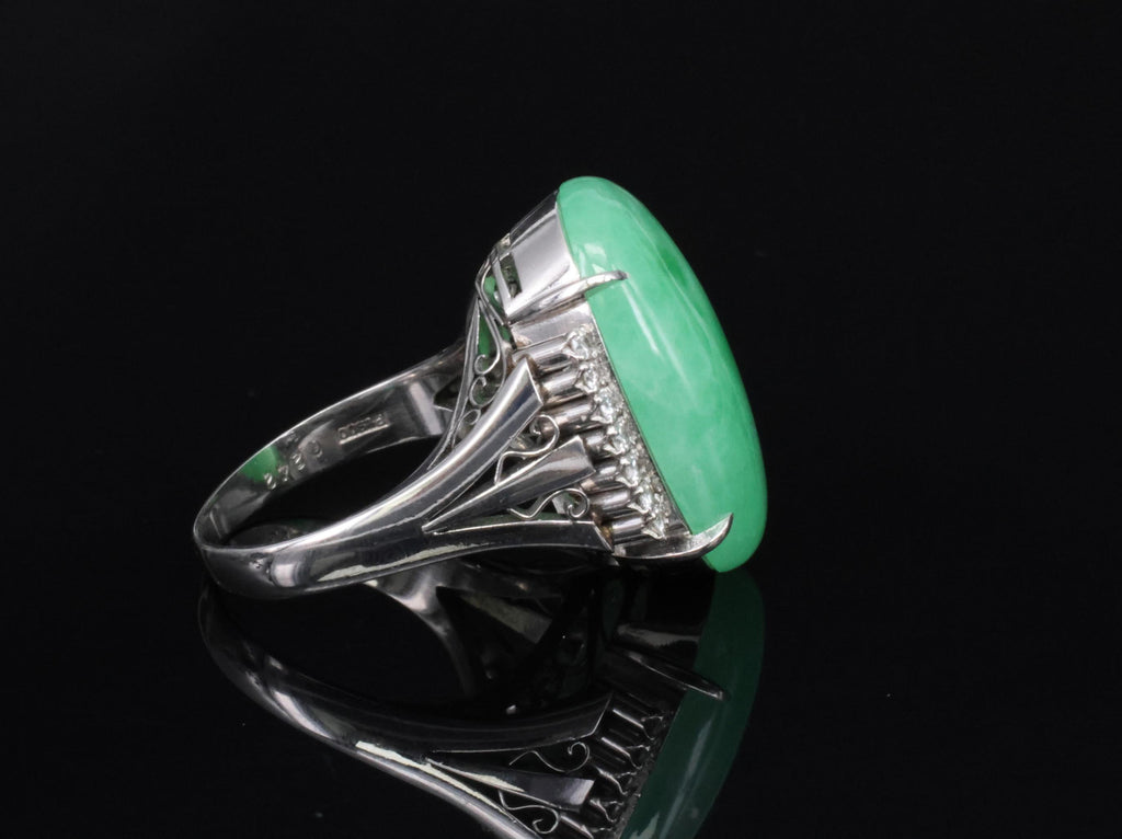 18.26ct Natural Apple Green Jadeite Jade & 0.24ct Diamond Platinum Ring Size 7.5