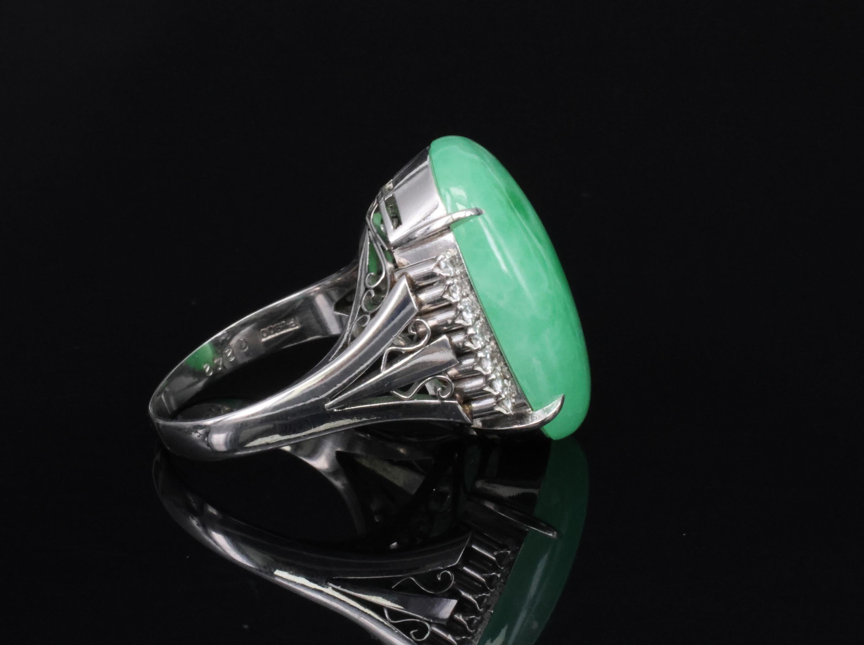 18.26ct Natural Apple Green Jadeite Jade & 0.24ct Diamond Platinum Ring Size 7.5