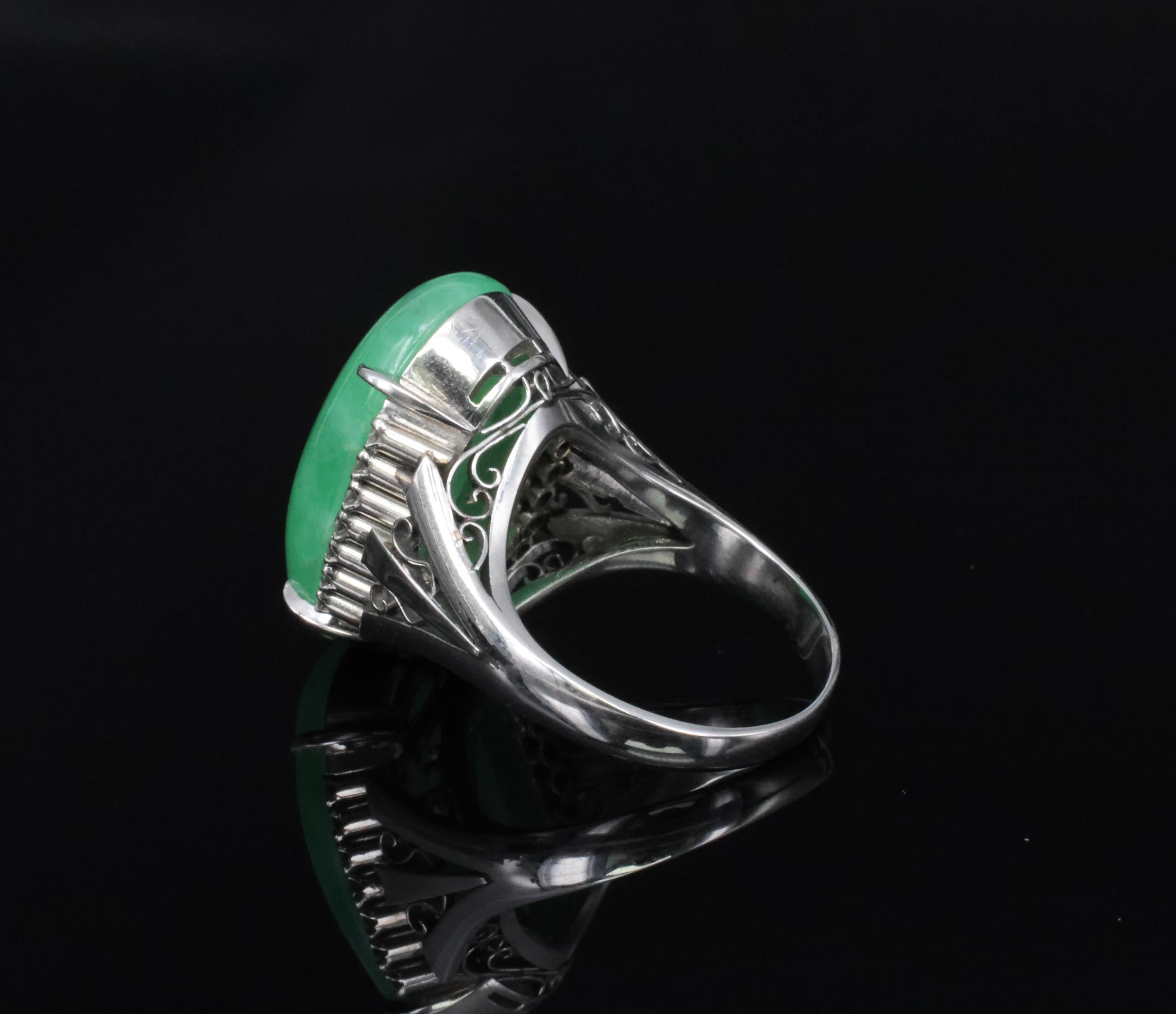 18.26ct Natural Apple Green Jadeite Jade & 0.24ct Diamond Platinum Ring Size 7.5