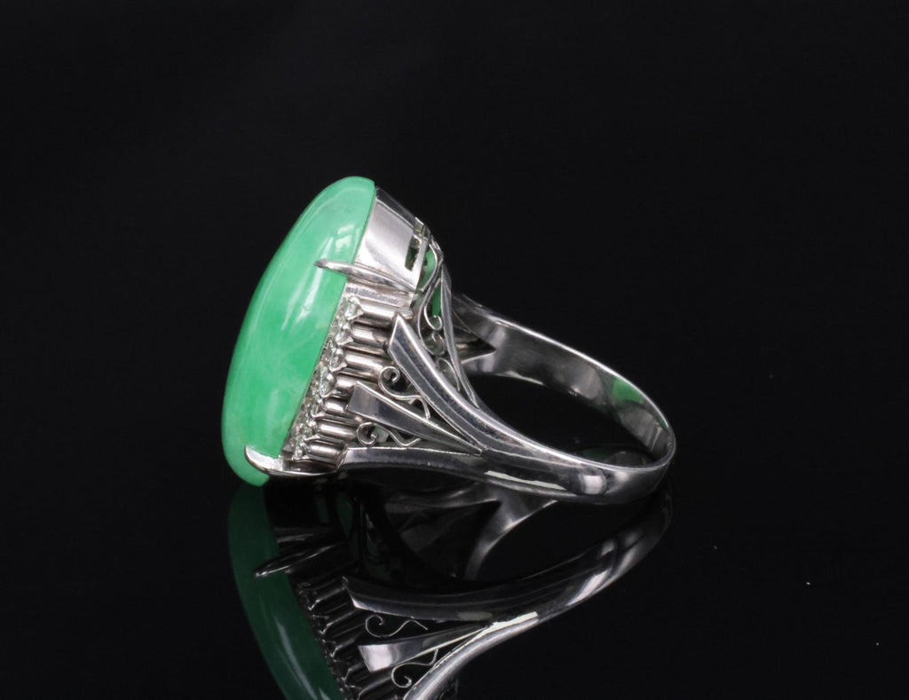 18.26ct Natural Apple Green Jadeite Jade & 0.24ct Diamond Platinum Ring Size 7.5