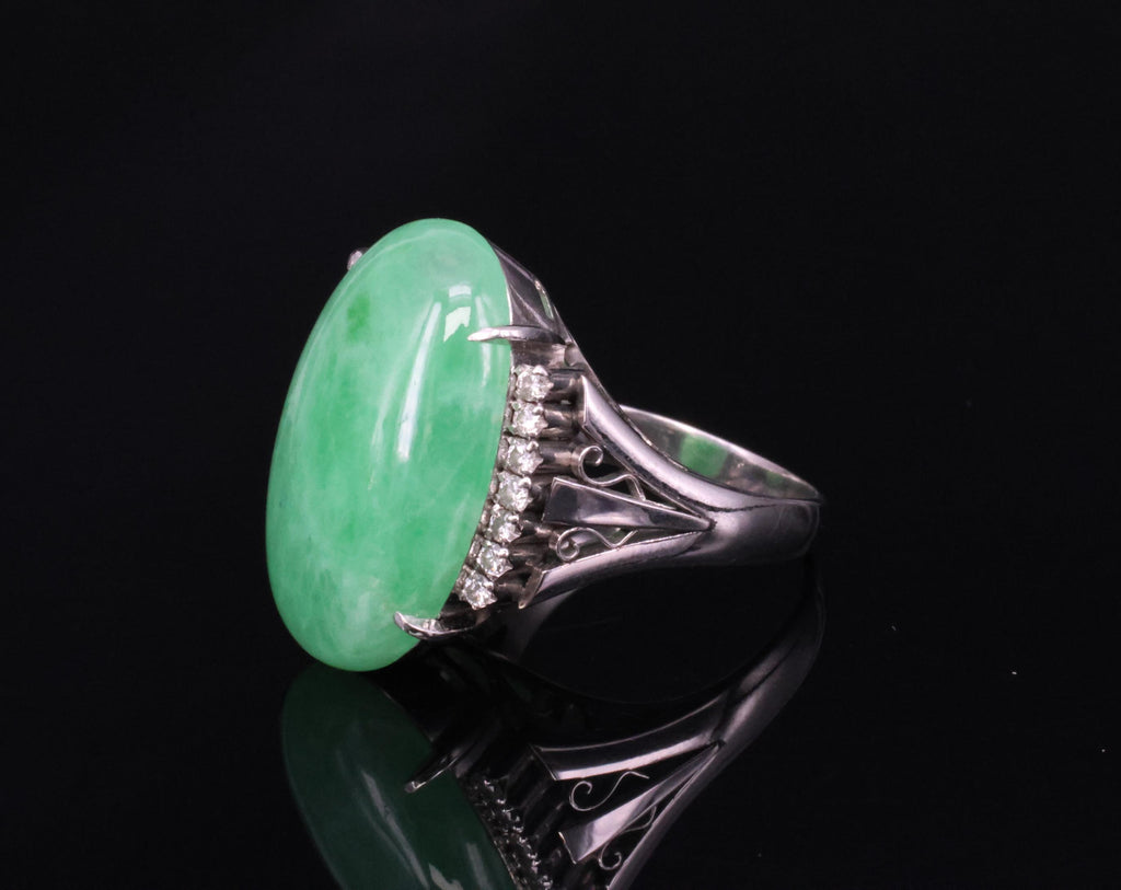 18.26ct Natural Apple Green Jadeite Jade & 0.24ct Diamond Platinum Ring Size 7.5