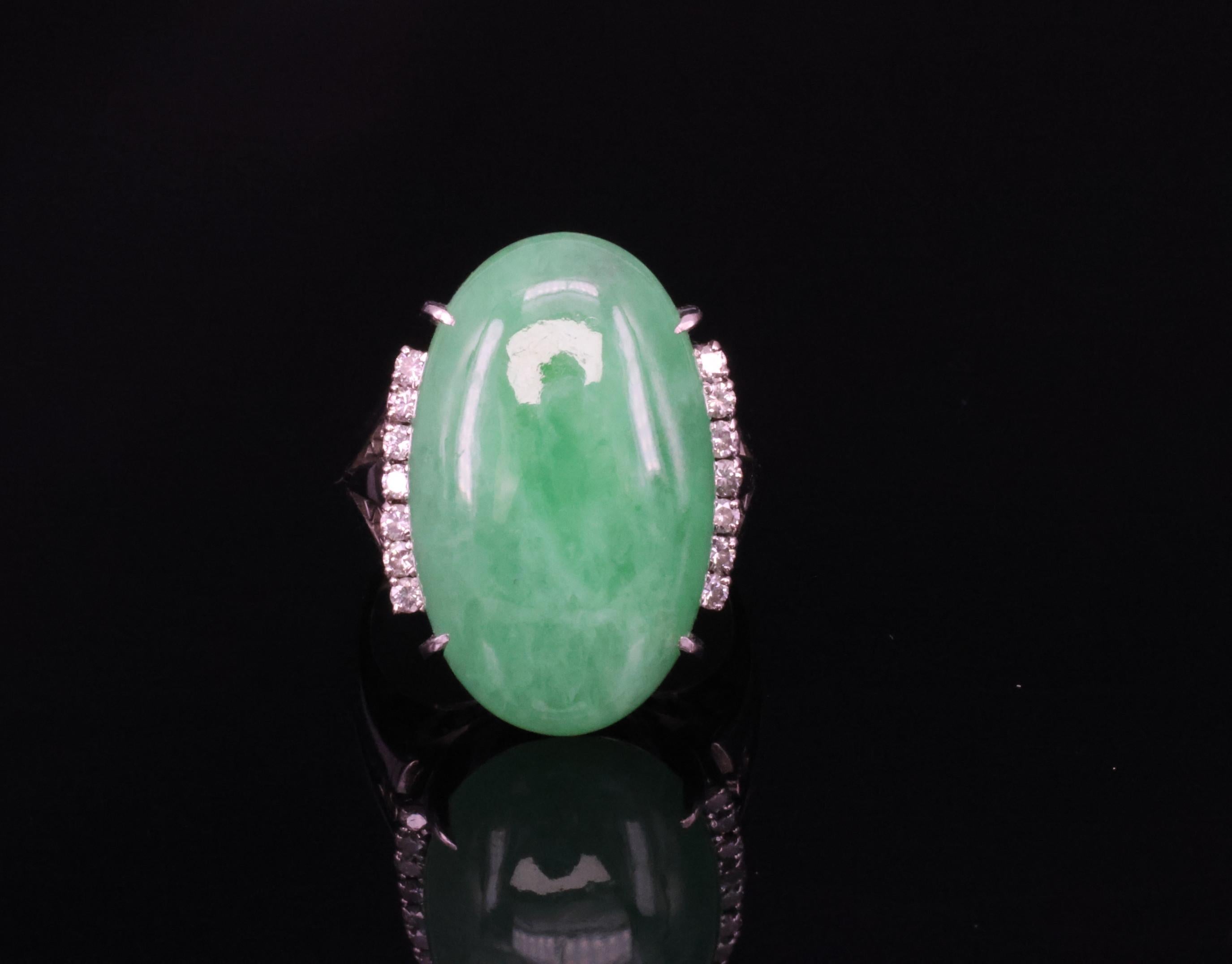 18.26ct Natural Apple Green Jadeite Jade & 0.24ct Diamond Platinum Ring Size 7.5