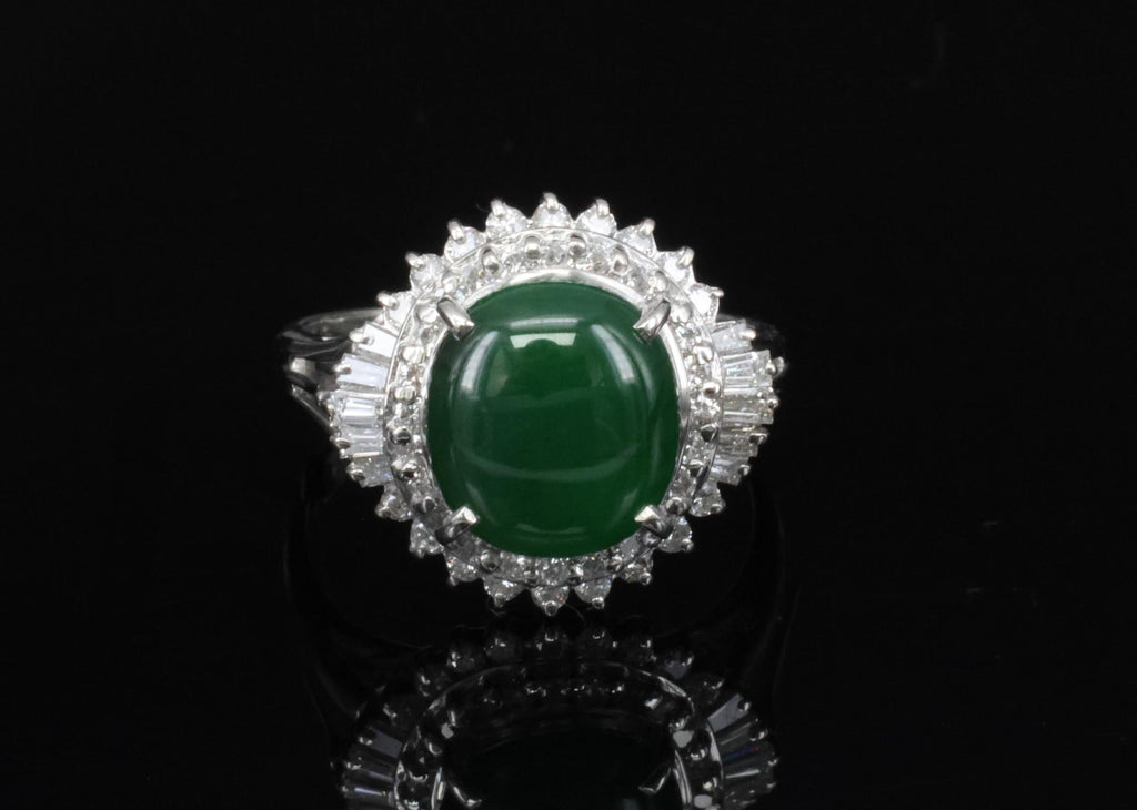 3.11ct Natural Untreated Jadeite Jade & 0.69ct Diamond Platinum Ring, Size 7.75