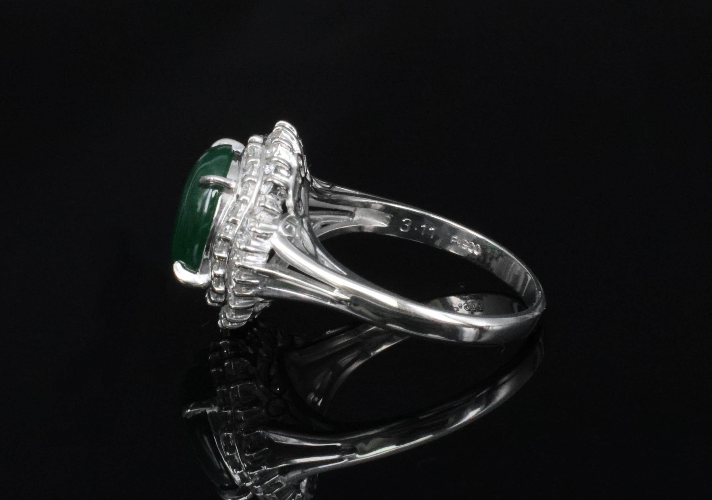 3.11ct Natural Untreated Jadeite Jade & 0.69ct Diamond Platinum Ring, Size 7.75