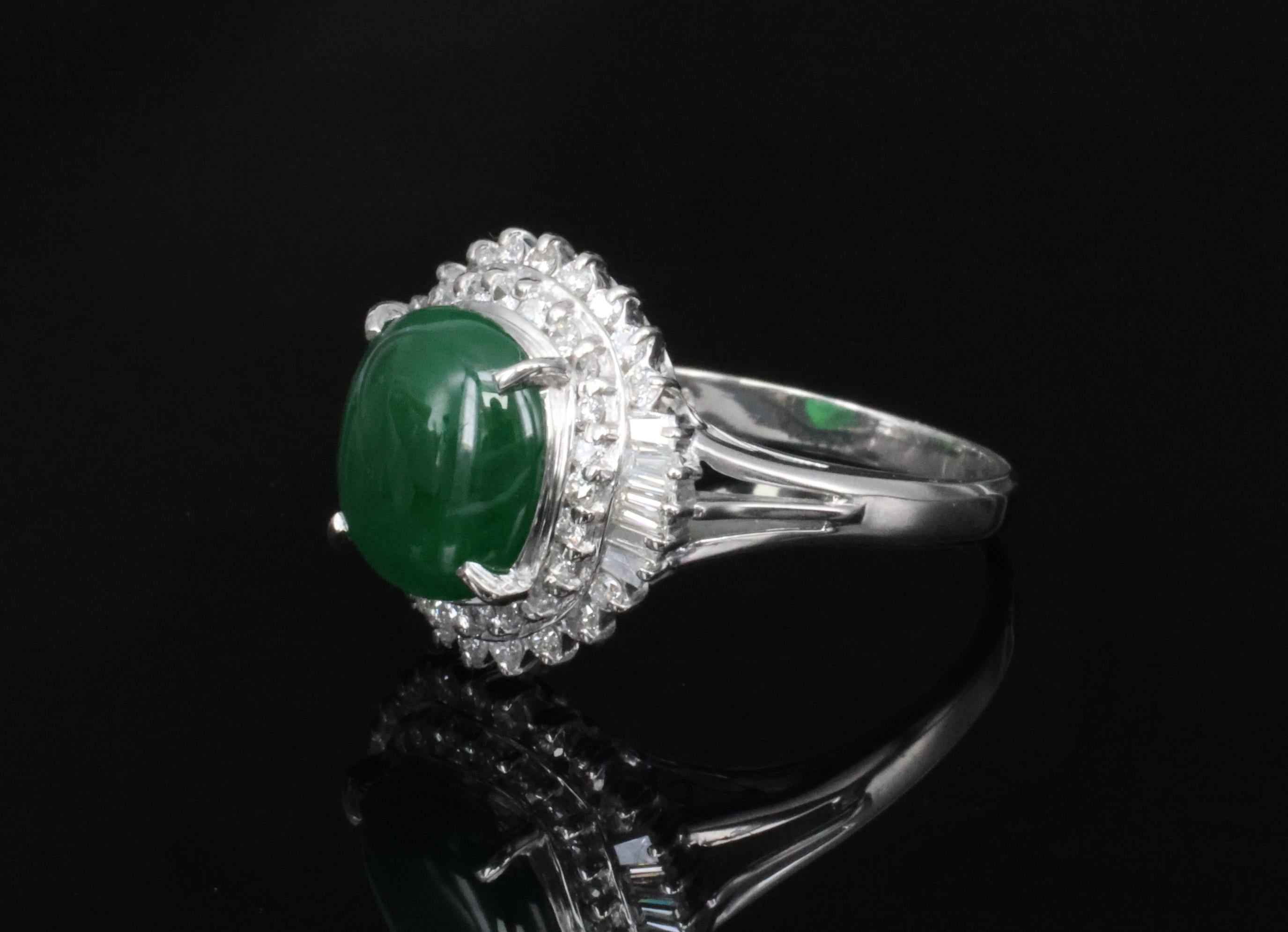 3.11ct Natural Untreated Jadeite Jade & 0.69ct Diamond Platinum Ring, Size 7.75