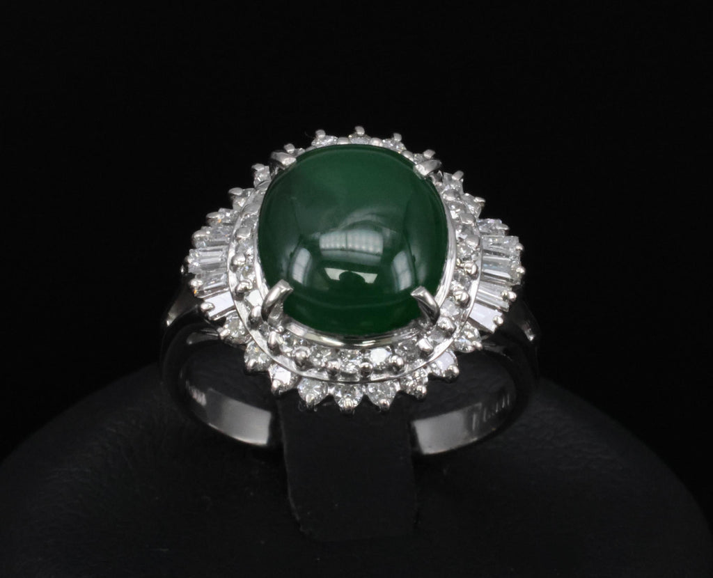 3.11ct Natural Untreated Jadeite Jade & 0.69ct Diamond Platinum Ring, Size 7.75