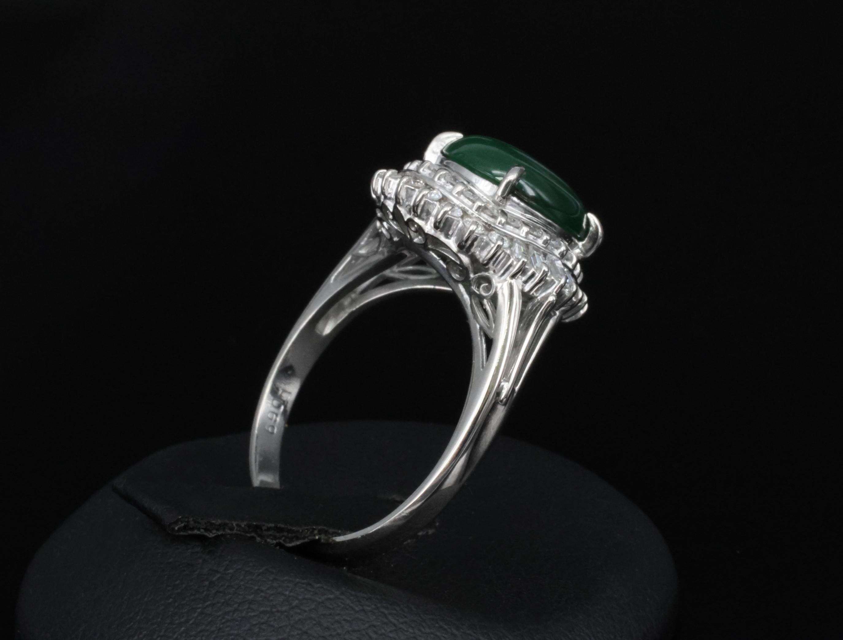 3.11ct Natural Untreated Jadeite Jade & 0.69ct Diamond Platinum Ring, Size 7.75