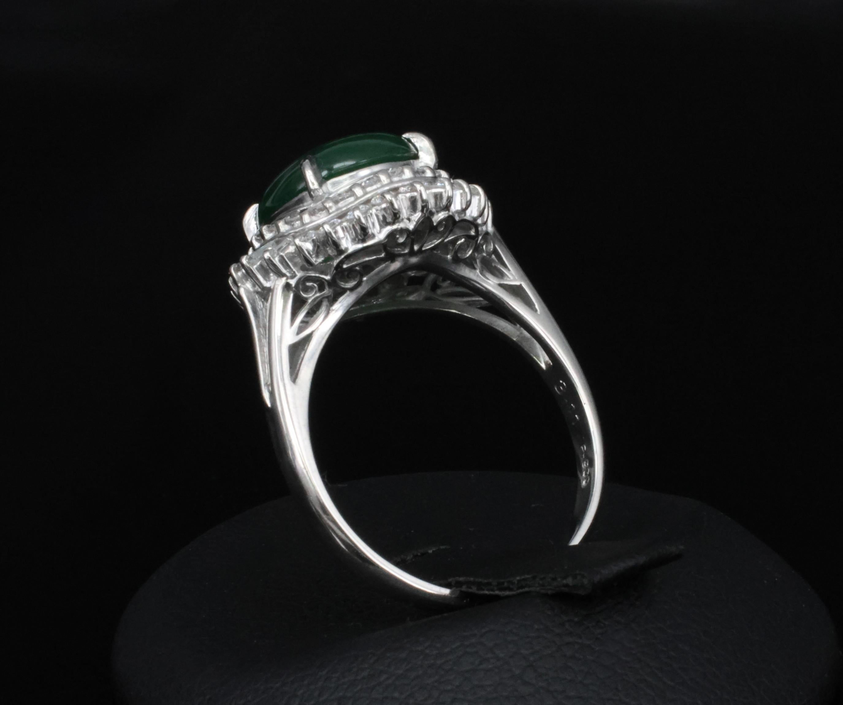 3.11ct Natural Untreated Jadeite Jade & 0.69ct Diamond Platinum Ring, Size 7.75
