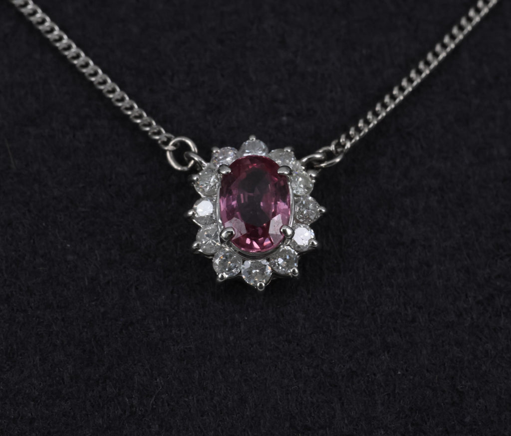 Rare 0.60ct Padparadscha Pink Sapphire 0.23ct Diamond 16 Inch Platinum Necklace