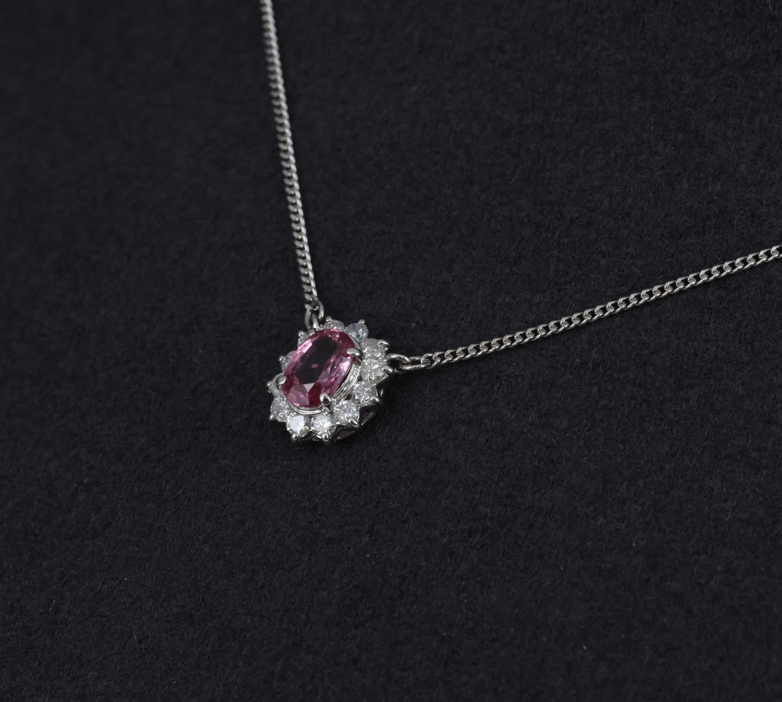 Rare 0.60ct Padparadscha Pink Sapphire 0.23ct Diamond 16 Inch Platinum Necklace