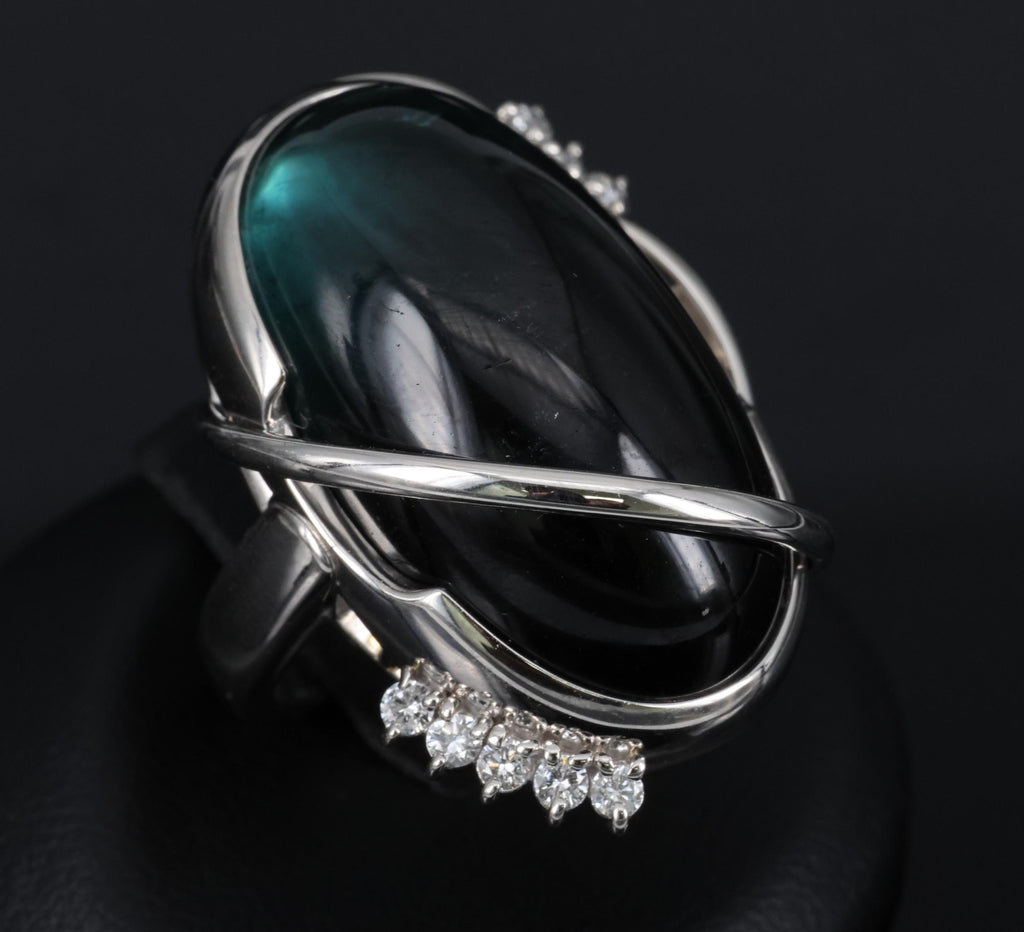38.45ct Bi-Color Indicolite Tourmaline 0.28ct Diamond Platinum Ring Size 6.5
