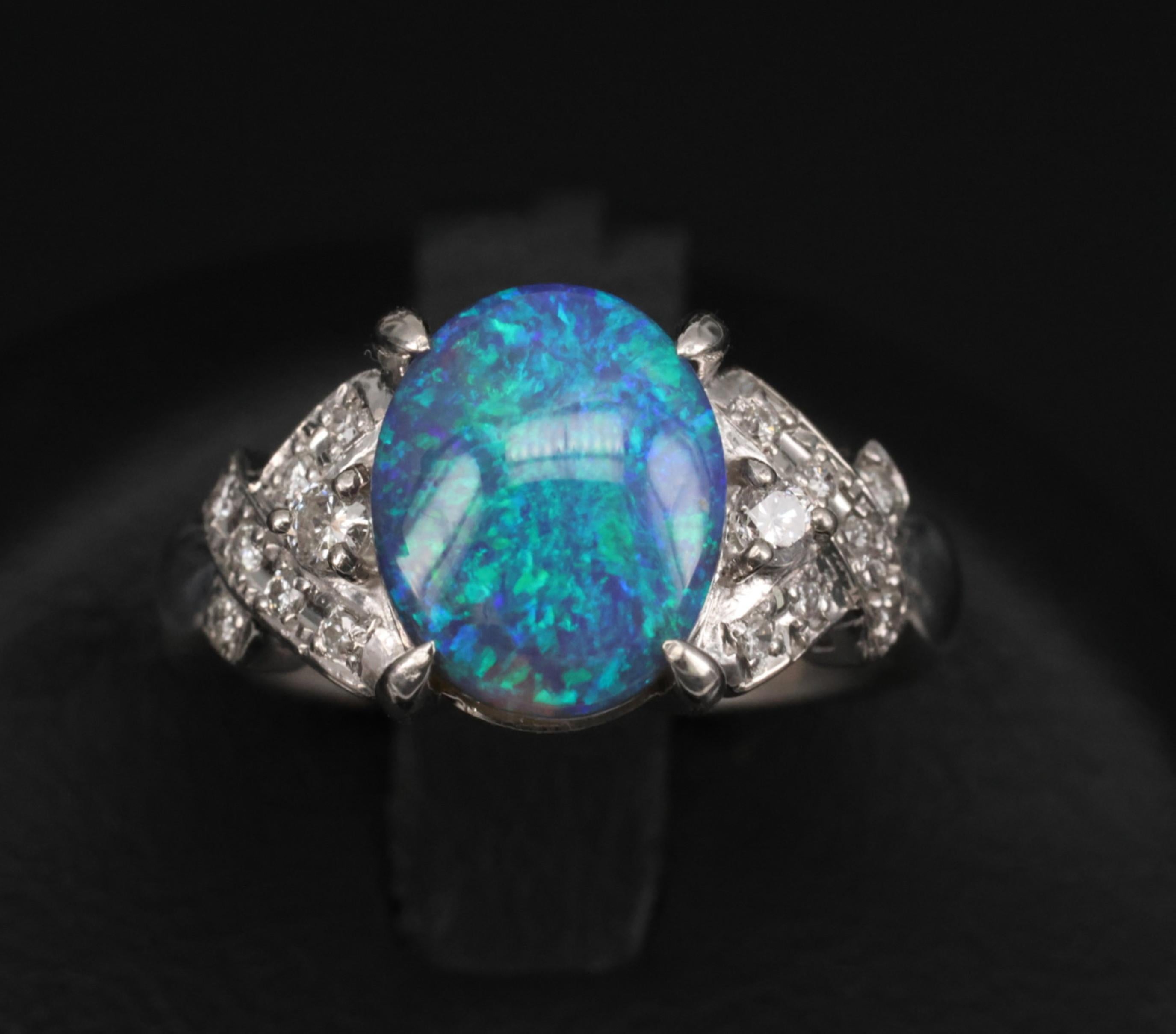 Fine 2.02ct Natural Untreated Black Opal & 0.16ct Diamond Platinum Ring Size 5.5