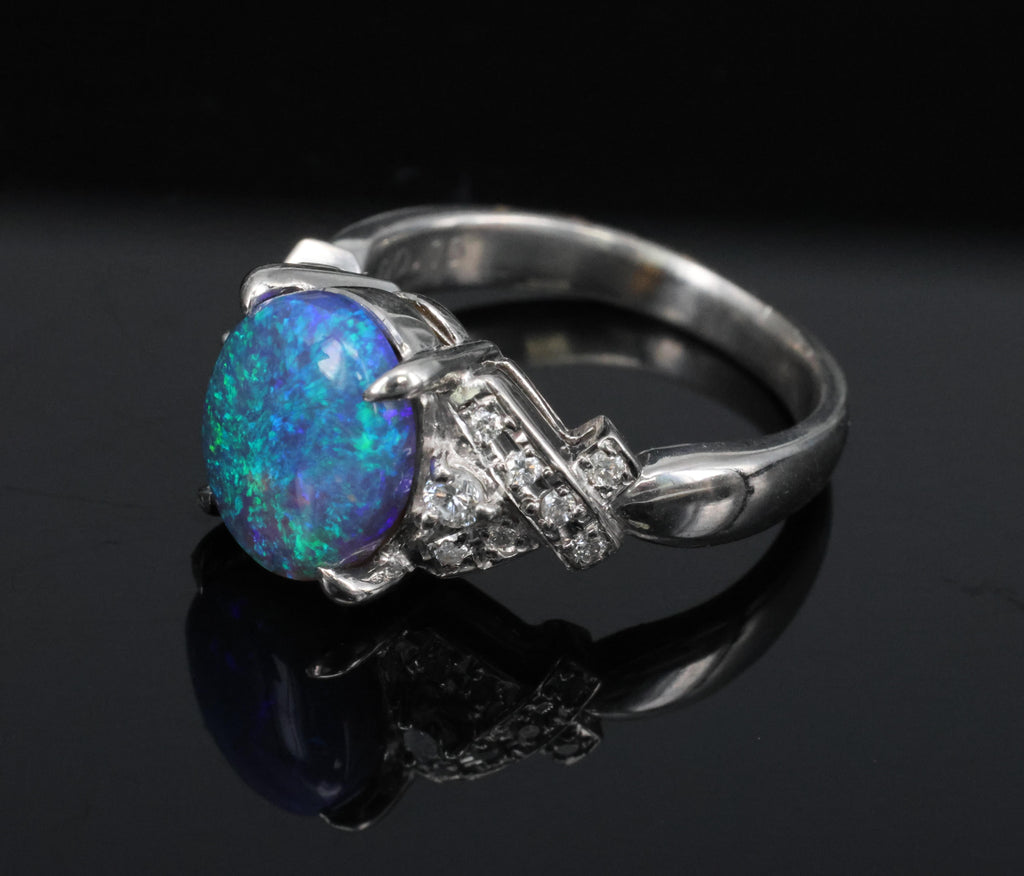 Fine 2.02ct Natural Untreated Black Opal & 0.16ct Diamond Platinum Ring Size 5.5
